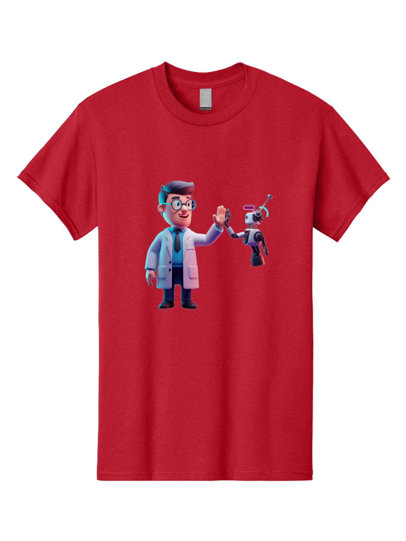 Scientist-And-Robot Men'S Graphic Tee, 100% Cotton, Comfortable Casual Summer Wear, Machine Washable, Scientist In Lab Coat, Robot Companion, High Five Gesture, Futuristic Technology, Artificial Intelligence, Collaboration, Teamwork, Bab387
