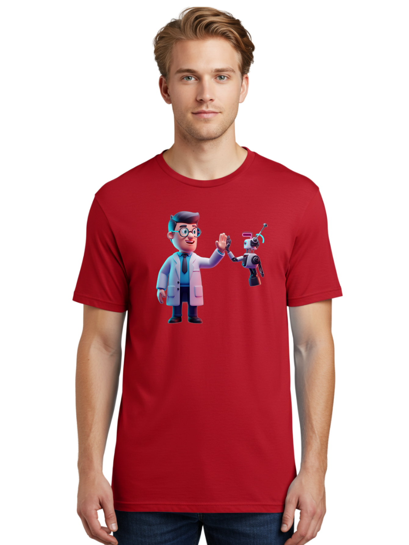 Scientist-And-Robot Men'S Graphic Tee, 100% Cotton, Comfortable Casual Summer Wear, Machine Washable, Scientist In Lab Coat, Robot Companion, High Five Gesture, Futuristic Technology, Artificial Intelligence, Collaboration, Teamwork, Bab387