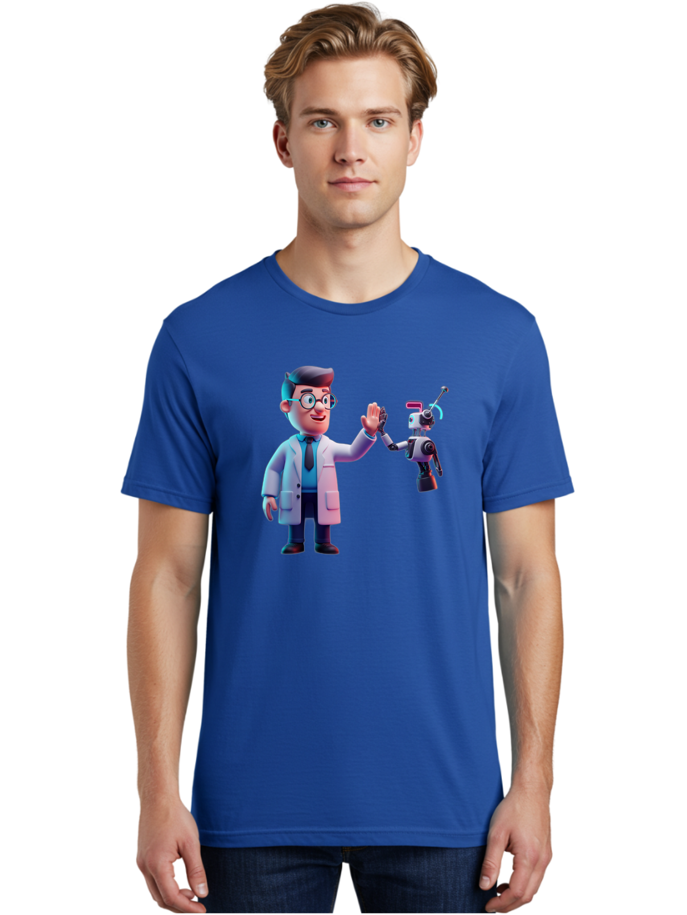 Scientist-And-Robot Men'S Graphic Tee, 100% Cotton, Comfortable Casual Summer Wear, Machine Washable, Scientist In Lab Coat, Robot Companion, High Five Gesture, Futuristic Technology, Artificial Intelligence, Collaboration, Teamwork, Bab387