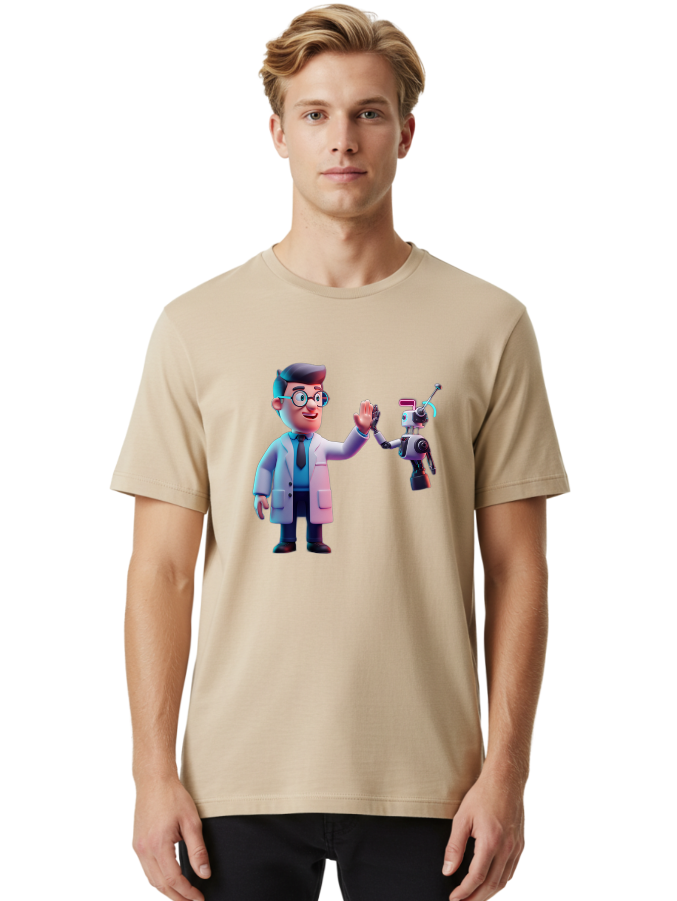 Scientist-And-Robot Men'S Graphic Tee, 100% Cotton, Comfortable Casual Summer Wear, Machine Washable, Scientist In Lab Coat, Robot Companion, High Five Gesture, Futuristic Technology, Artificial Intelligence, Collaboration, Teamwork, Bab387