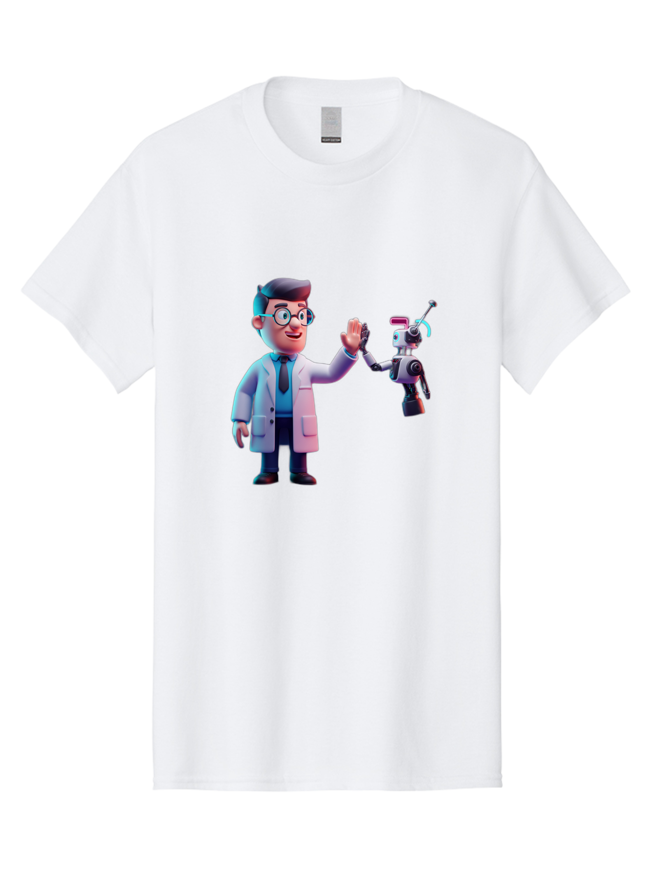 Scientist-And-Robot Men'S Graphic Tee, 100% Cotton, Comfortable Casual Summer Wear, Machine Washable, Scientist In Lab Coat, Robot Companion, High Five Gesture, Futuristic Technology, Artificial Intelligence, Collaboration, Teamwork, Bab387