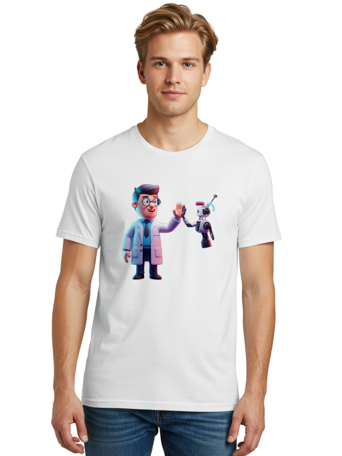 Scientist-And-Robot Men'S Graphic Tee, 100% Cotton, Comfortable Casual Summer Wear, Machine Washable, Scientist In Lab Coat, Robot Companion, High Five Gesture, Futuristic Technology, Artificial Intelligence, Collaboration, Teamwork, Bab387