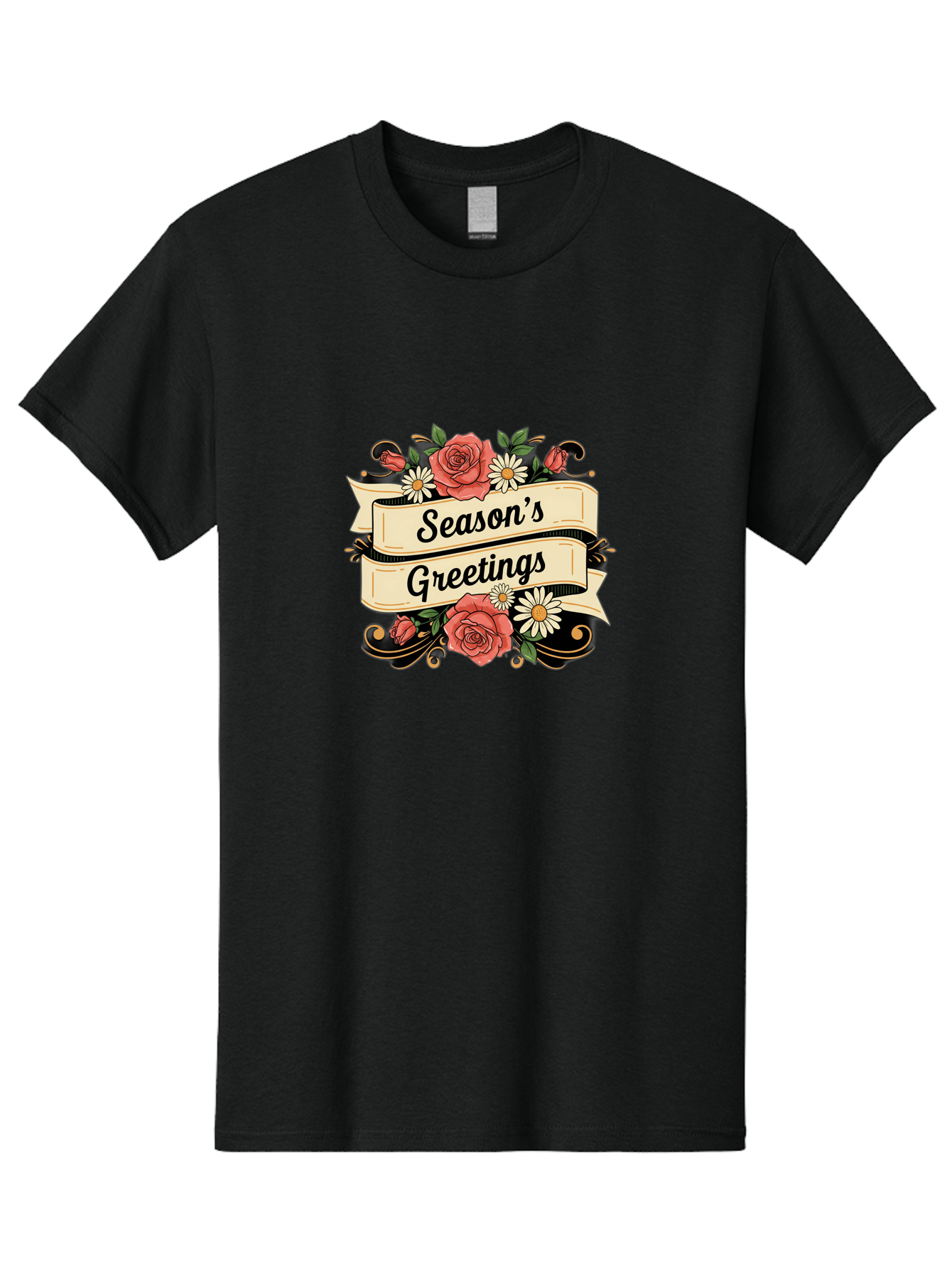 Season-S-Greetings Men'S Graphic Tee, 100% Cotton, Comfortable Casual Summer Wear, Machine Washable, Vintage Floral Design, Roses And Daisies, Festive Holiday Greeting, Elegant Black Script, Classic Christmas Theme, Warm Winter Wishes, Bab388
