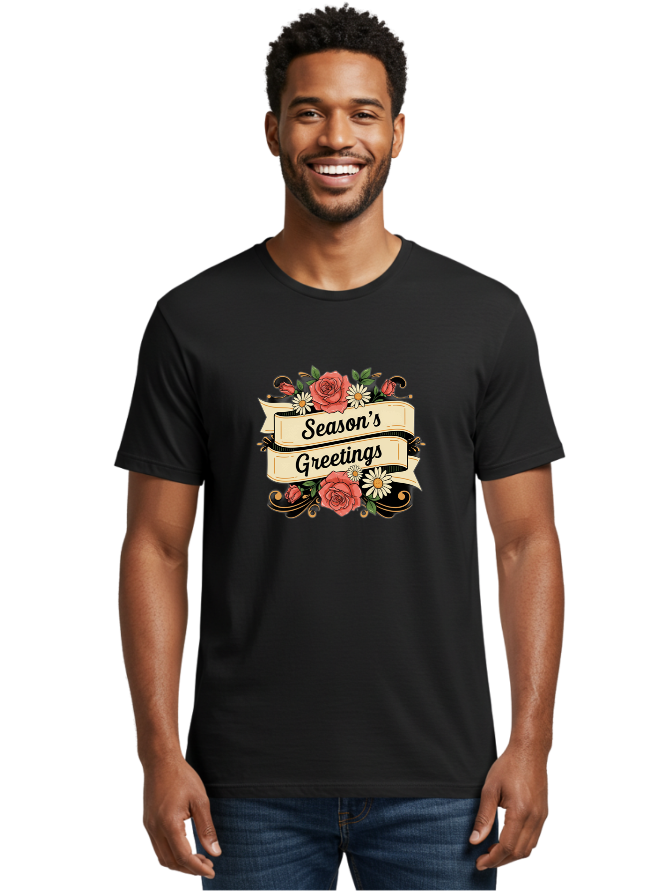 Season-S-Greetings Men'S Graphic Tee, 100% Cotton, Comfortable Casual Summer Wear, Machine Washable, Vintage Floral Design, Roses And Daisies, Festive Holiday Greeting, Elegant Black Script, Classic Christmas Theme, Warm Winter Wishes, Bab388