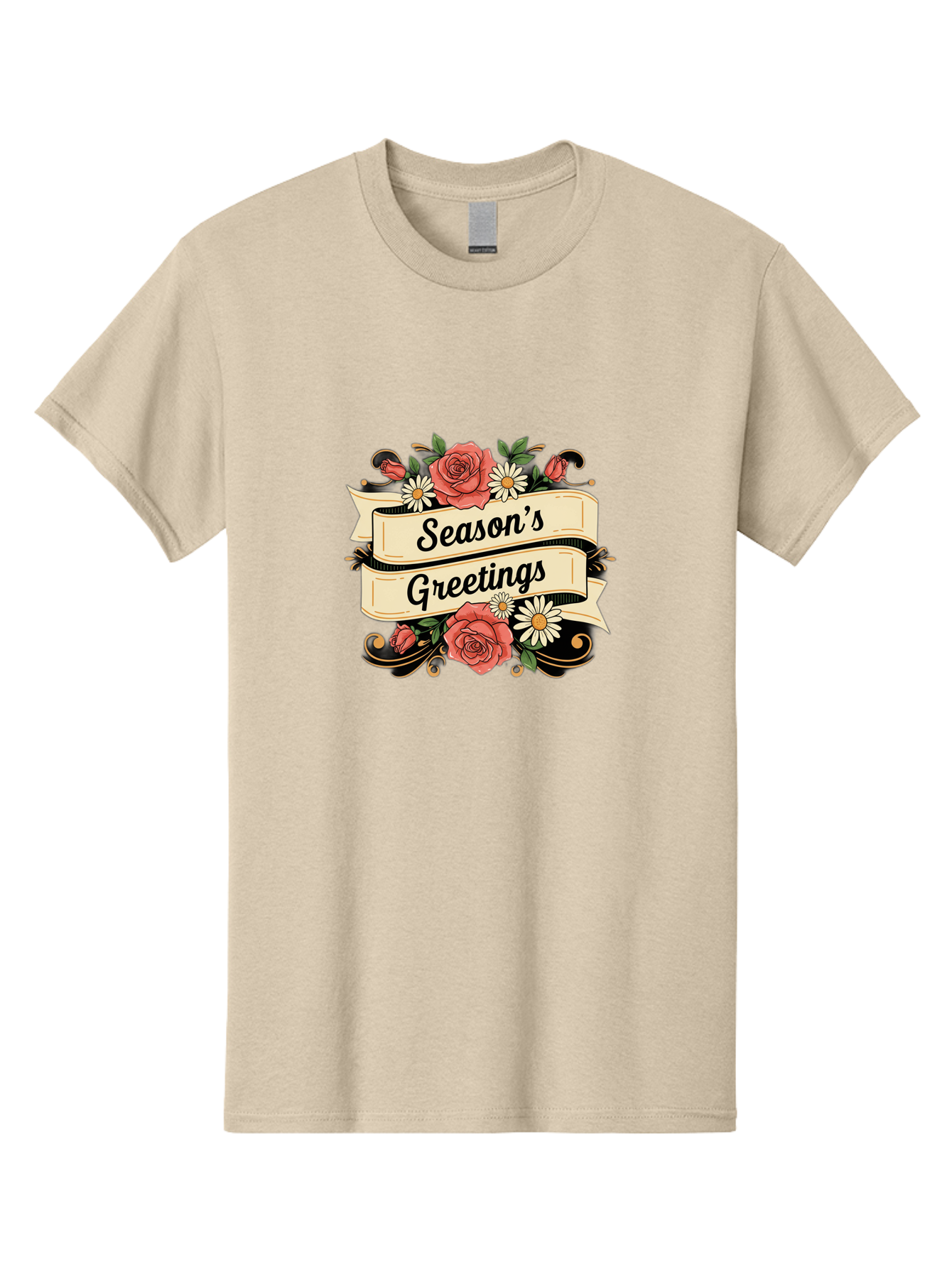 Season-S-Greetings Men'S Graphic Tee, 100% Cotton, Comfortable Casual Summer Wear, Machine Washable, Vintage Floral Design, Roses And Daisies, Festive Holiday Greeting, Elegant Black Script, Classic Christmas Theme, Warm Winter Wishes, Bab388