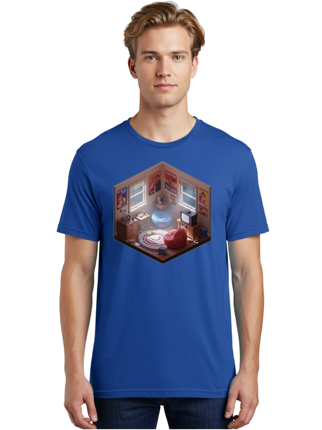 Seinfeld-Bedroom Men'S Graphic Tee, 100% Cotton, Comfortable Casual Summer Wear, Machine Washable, Isometric Bedroom, Cozy Interior Design, Retro Decor, Bean Bag Chair, Vintage Tv, Movie Posters, 90S Nostalgia, Hipster Room, Movie Memorabilia, Bab390