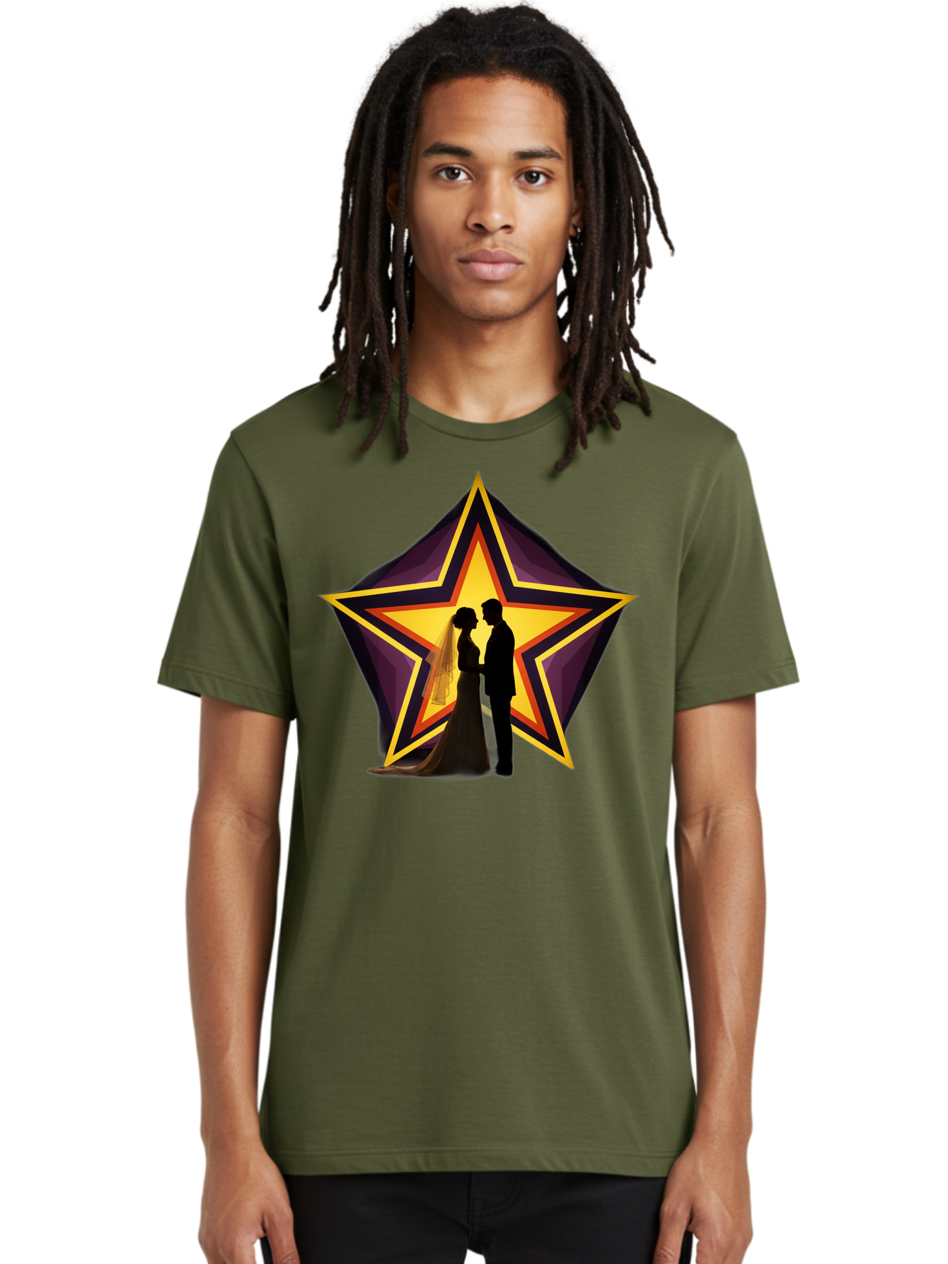 Silhouette-Couple-Star Men'S Graphic Tee, 100% Cotton, Comfortable Casual Summer Wear, Machine Washable, Newlywed Couple, Silhouetted Figures, Wedding Vows, Star Symbol, Love And Unity, Romantic Moment, Couple'S Love, Wedding Inspiration, Bab394