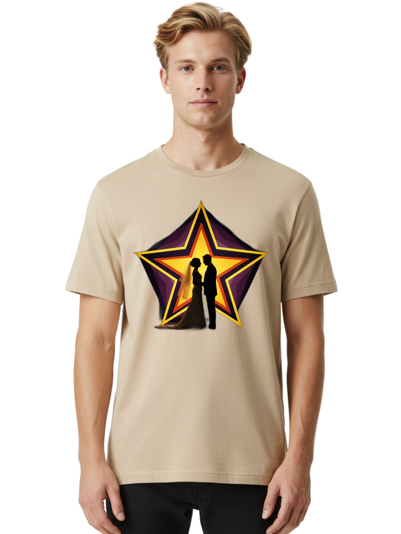 Silhouette-Couple-Star Men'S Graphic Tee, 100% Cotton, Comfortable Casual Summer Wear, Machine Washable, Newlywed Couple, Silhouetted Figures, Wedding Vows, Star Symbol, Love And Unity, Romantic Moment, Couple'S Love, Wedding Inspiration, Bab394