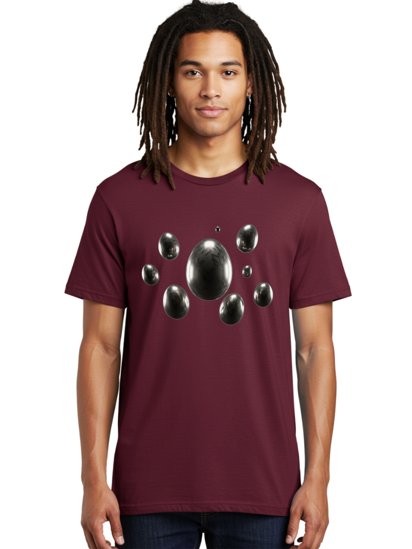 Silver-Egg Men'S Graphic Tee, 100% Cotton, Comfortable Casual Summer Wear, Machine Washable, Silver Bubbles, Shiny Spheres, Reflective Surfaces, Metallic Sheen, Bubble Cluster, Futuristic Design, Modern Elements, Abstract Shapes, 3D Rendering Bab395