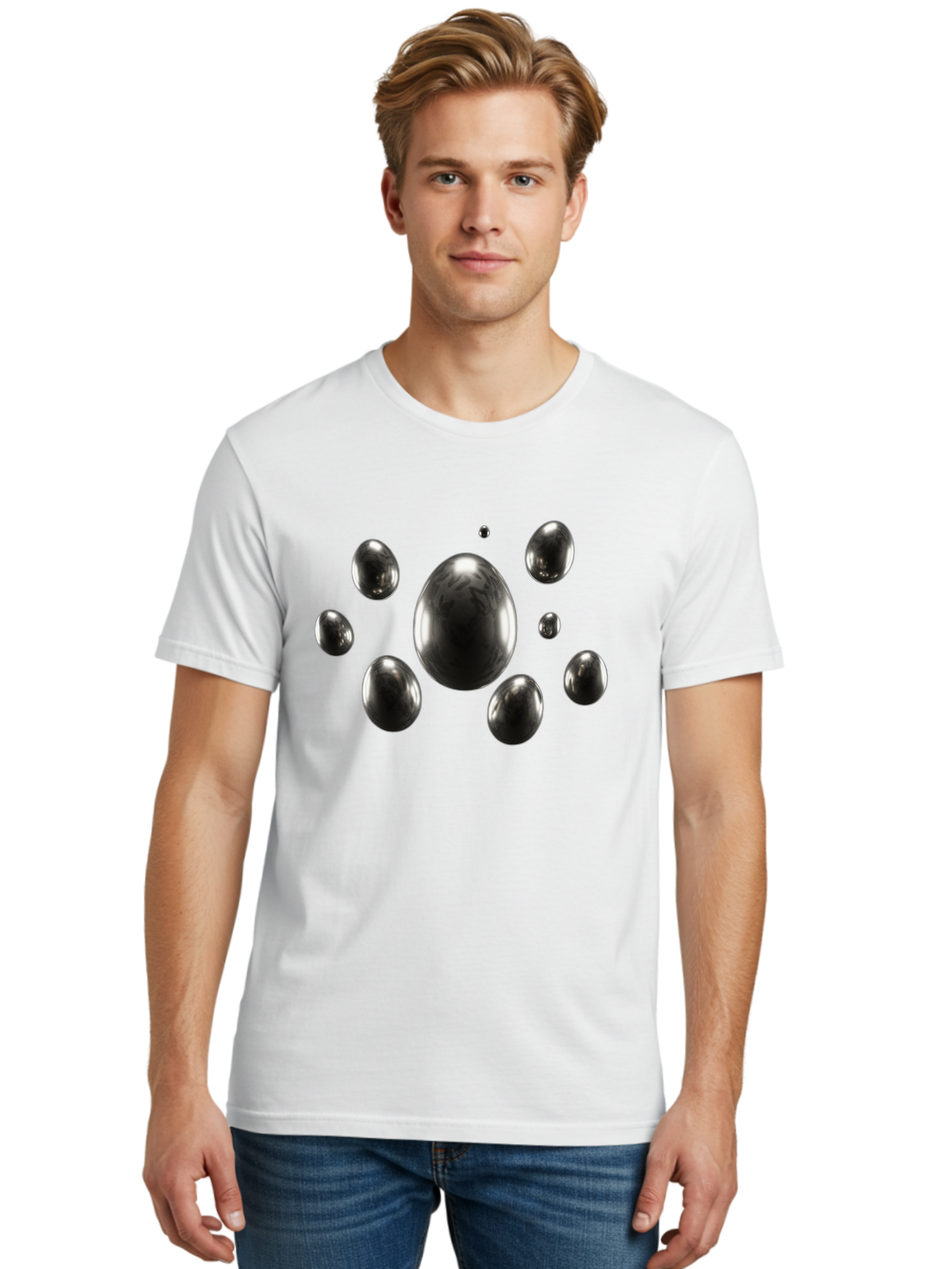 Silver-Egg Men'S Graphic Tee, 100% Cotton, Comfortable Casual Summer Wear, Machine Washable, Silver Bubbles, Shiny Spheres, Reflective Surfaces, Metallic Sheen, Bubble Cluster, Futuristic Design, Modern Elements, Abstract Shapes, 3D Rendering Bab395
