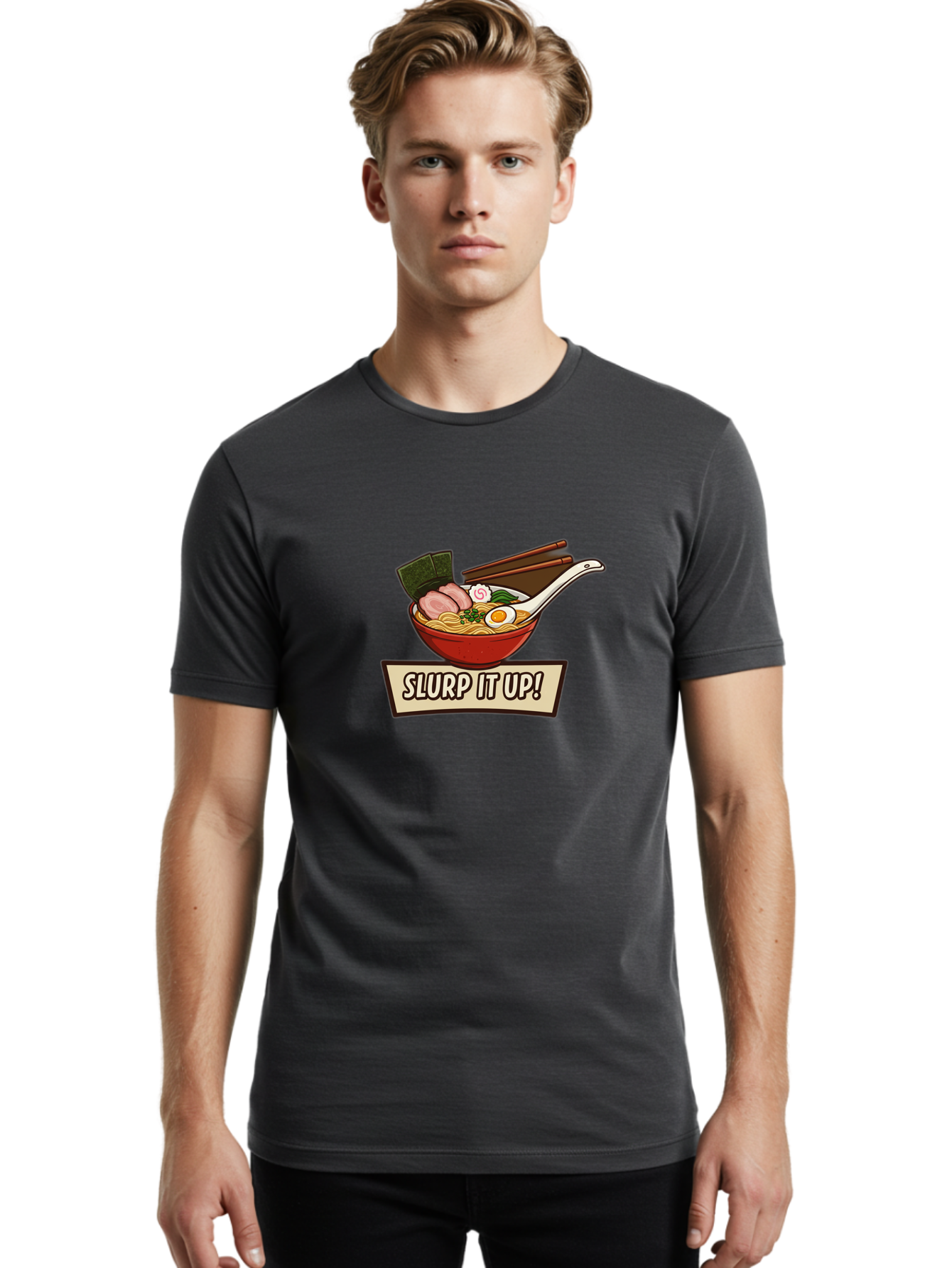 Slurp-It-Up Men'S Graphic Tee, 100% Cotton, Comfortable Casual Summer Wear, Machine Washable, Steaming Hot Ramen, Japanese Noodle Soup, Egg, Pork Slices, Seaweed, Chopsticks, Savory Meal, Comfort Food, Slurp It Up Bab400
