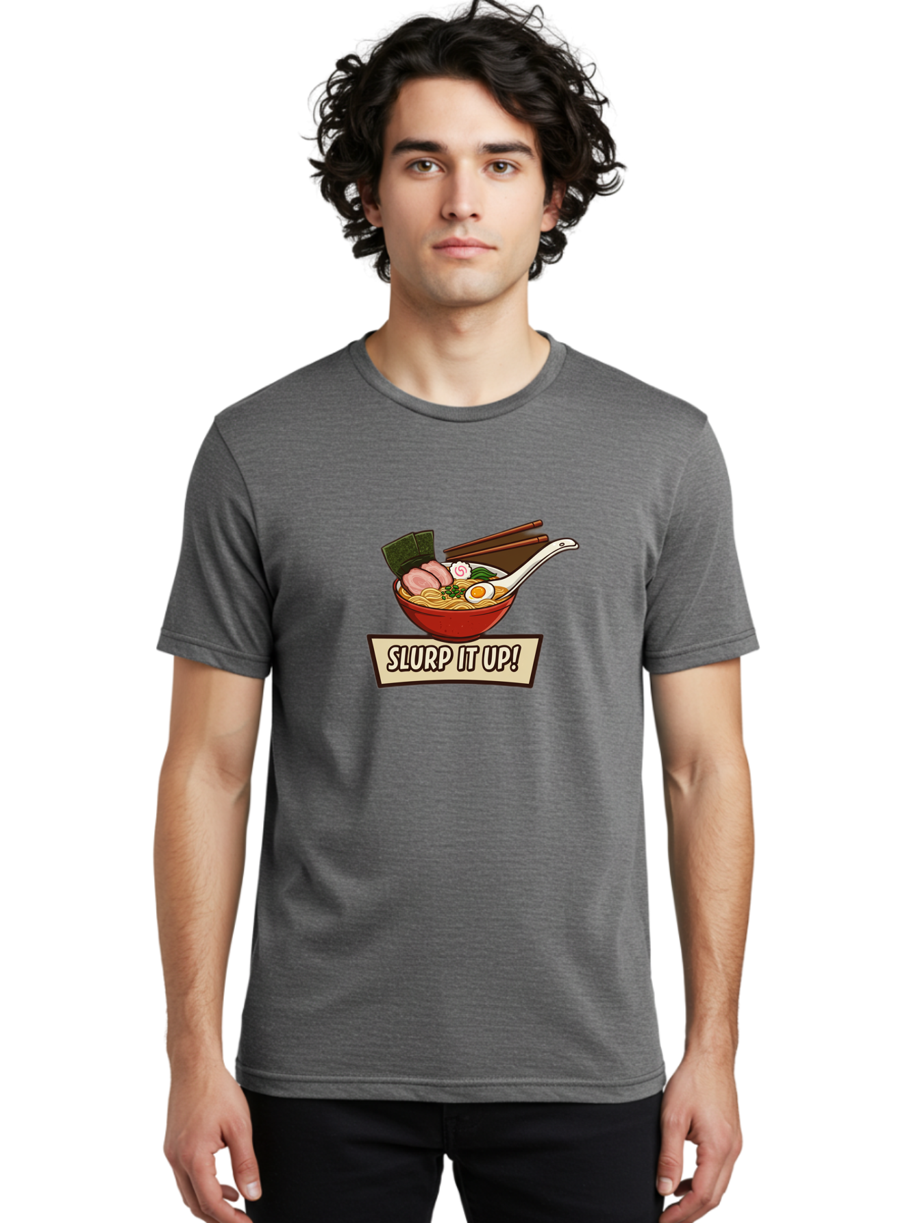 Slurp-It-Up Men'S Graphic Tee, 100% Cotton, Comfortable Casual Summer Wear, Machine Washable, Steaming Hot Ramen, Japanese Noodle Soup, Egg, Pork Slices, Seaweed, Chopsticks, Savory Meal, Comfort Food, Slurp It Up Bab400