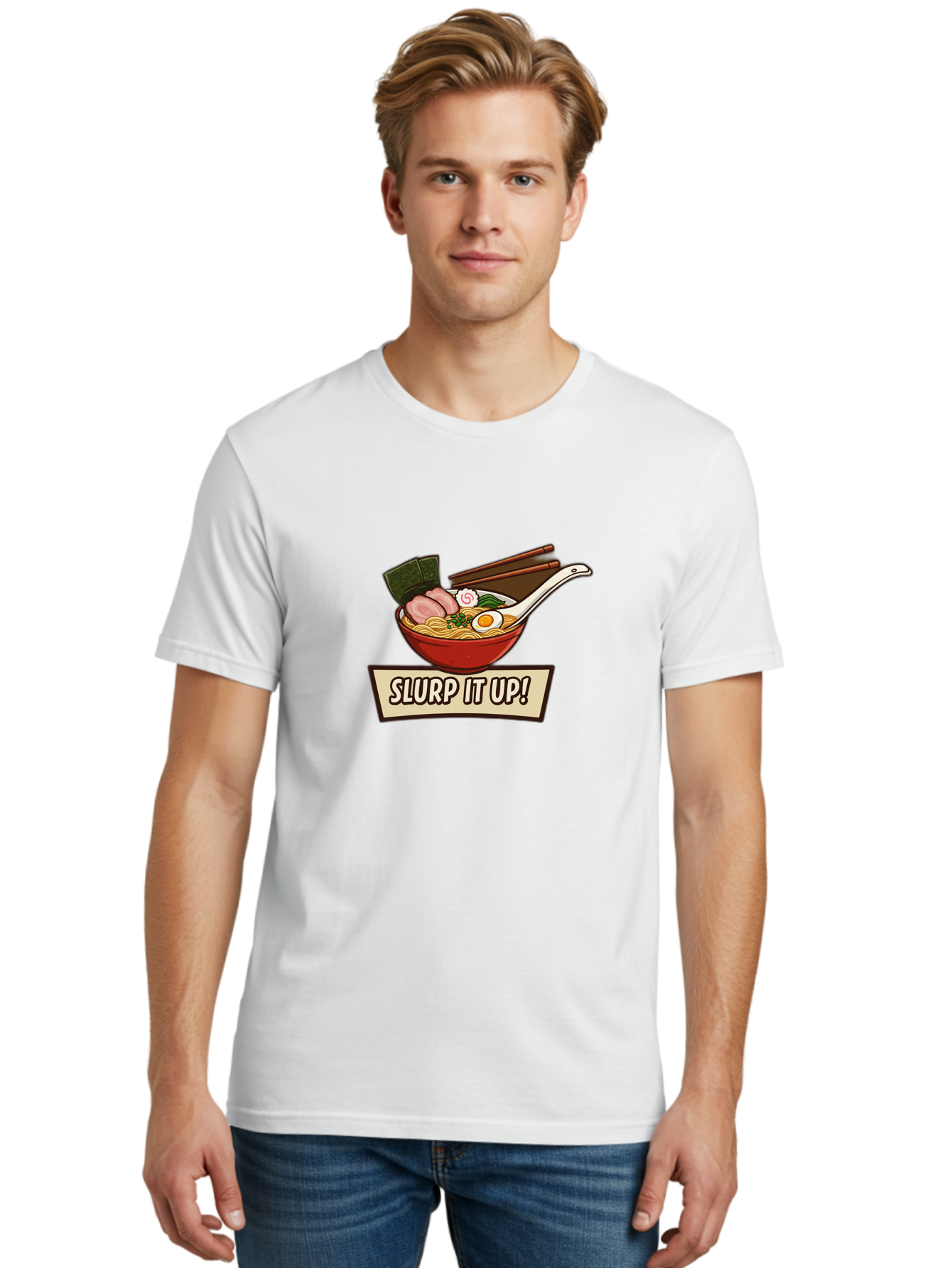 Slurp-It-Up Men'S Graphic Tee, 100% Cotton, Comfortable Casual Summer Wear, Machine Washable, Steaming Hot Ramen, Japanese Noodle Soup, Egg, Pork Slices, Seaweed, Chopsticks, Savory Meal, Comfort Food, Slurp It Up Bab400