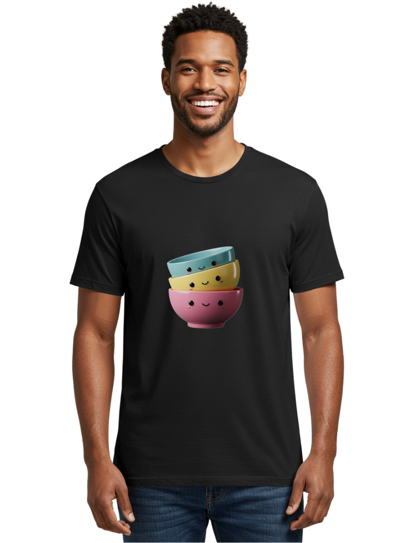 Smiley-Bowls-1 Men'S Graphic Tee, 100% Cotton, Comfortable Casual Summer Wear, Machine Washable, Stacked Bowls, Colorful Kitchenware, Smiling Faces, Cute Ceramics, Pastel Colors, Adorable Design, Happy Kitchen, Playful Tableware Bab401