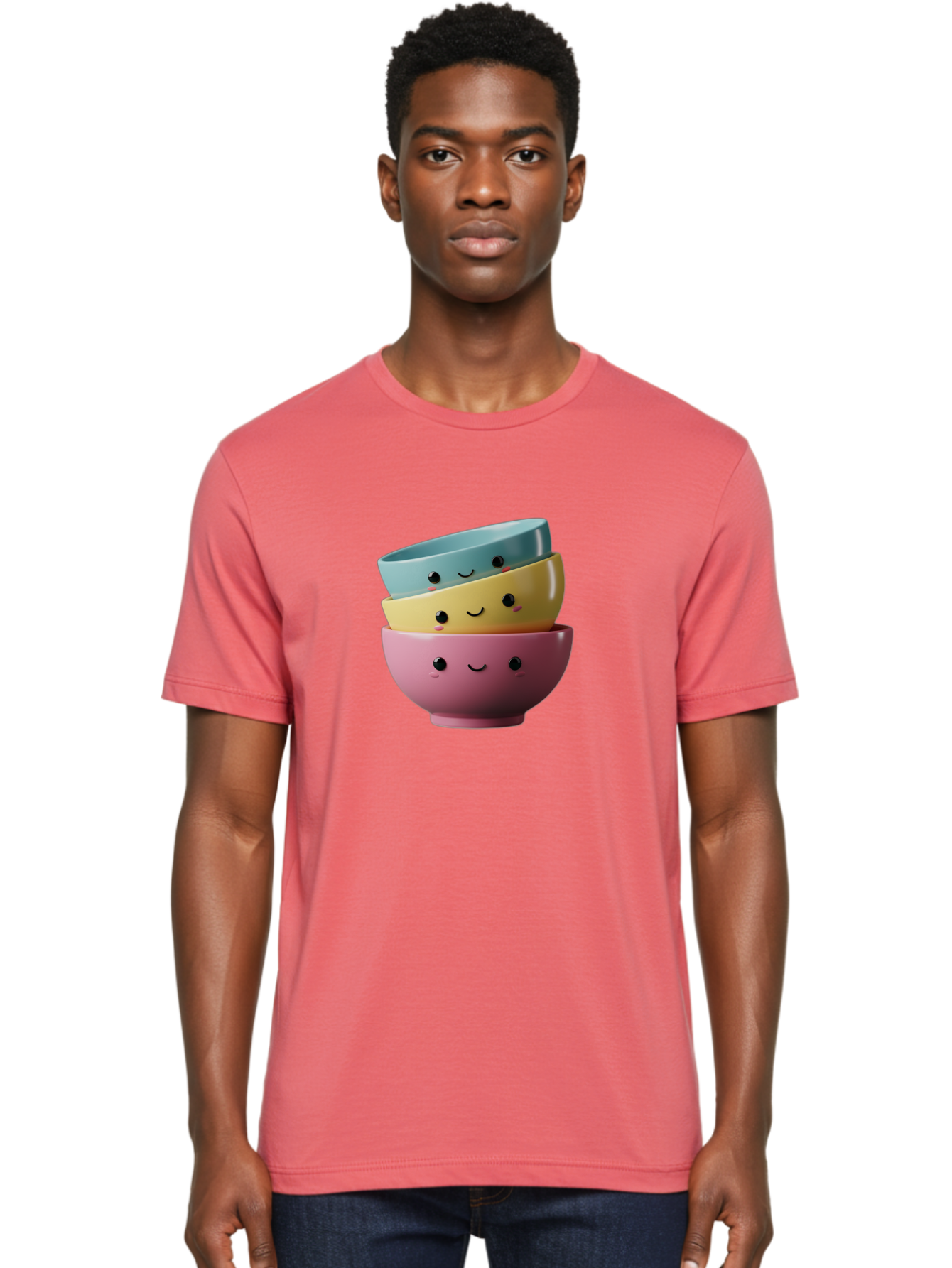 Smiley-Bowls-1 Men'S Graphic Tee, 100% Cotton, Comfortable Casual Summer Wear, Machine Washable, Stacked Bowls, Colorful Kitchenware, Smiling Faces, Cute Ceramics, Pastel Colors, Adorable Design, Happy Kitchen, Playful Tableware Bab401