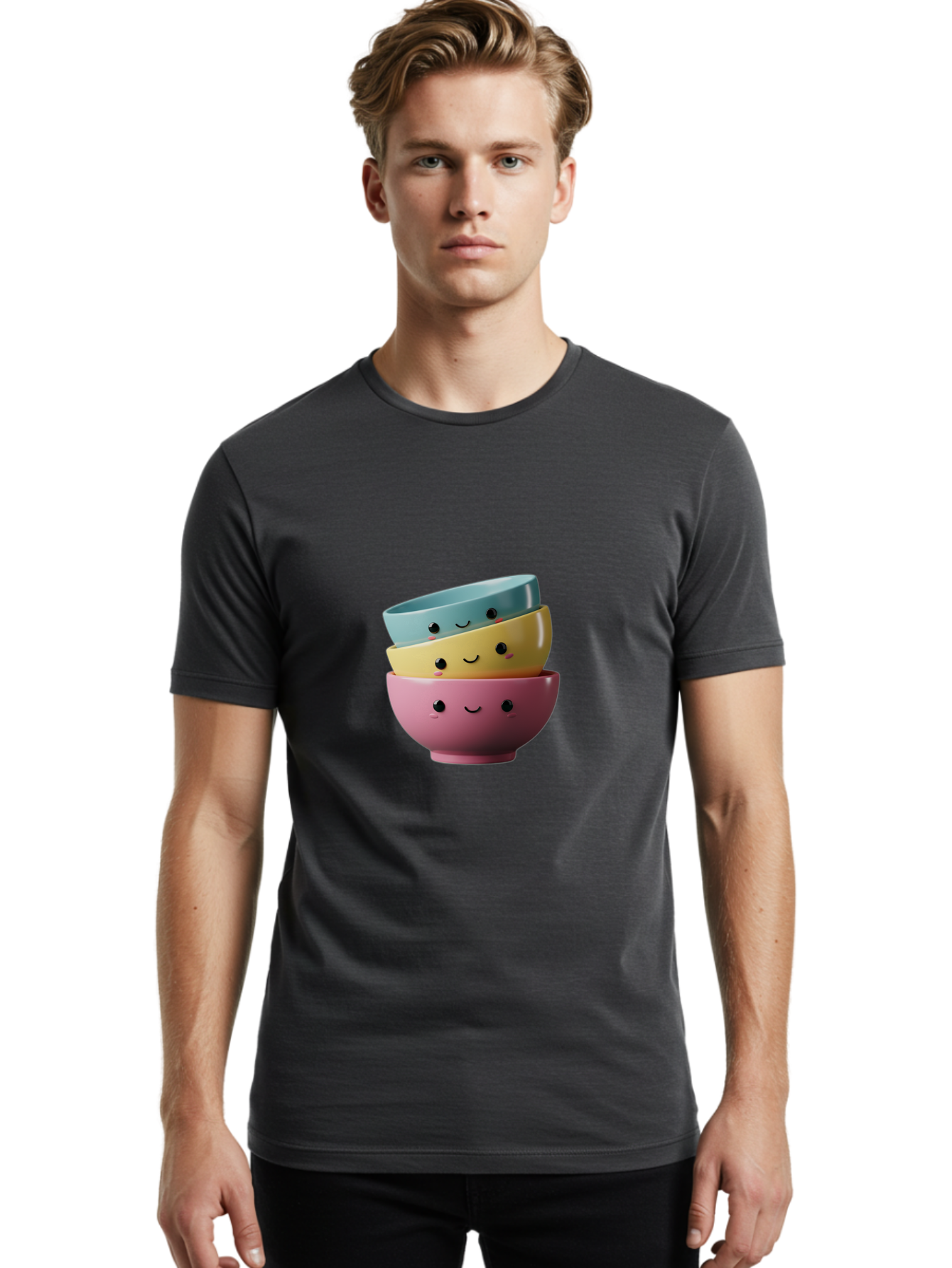 Smiley-Bowls-1 Men'S Graphic Tee, 100% Cotton, Comfortable Casual Summer Wear, Machine Washable, Stacked Bowls, Colorful Kitchenware, Smiling Faces, Cute Ceramics, Pastel Colors, Adorable Design, Happy Kitchen, Playful Tableware Bab401