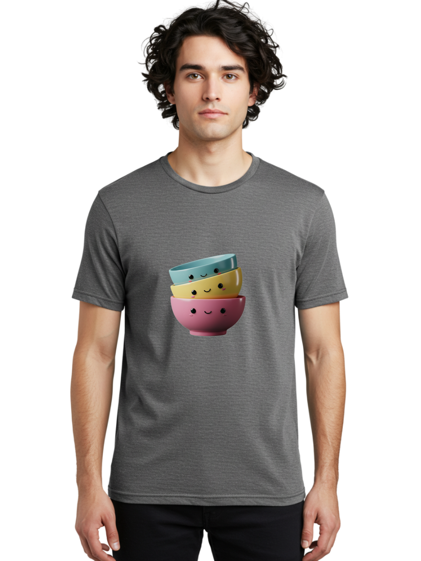 Smiley-Bowls-1 Men'S Graphic Tee, 100% Cotton, Comfortable Casual Summer Wear, Machine Washable, Stacked Bowls, Colorful Kitchenware, Smiling Faces, Cute Ceramics, Pastel Colors, Adorable Design, Happy Kitchen, Playful Tableware Bab401