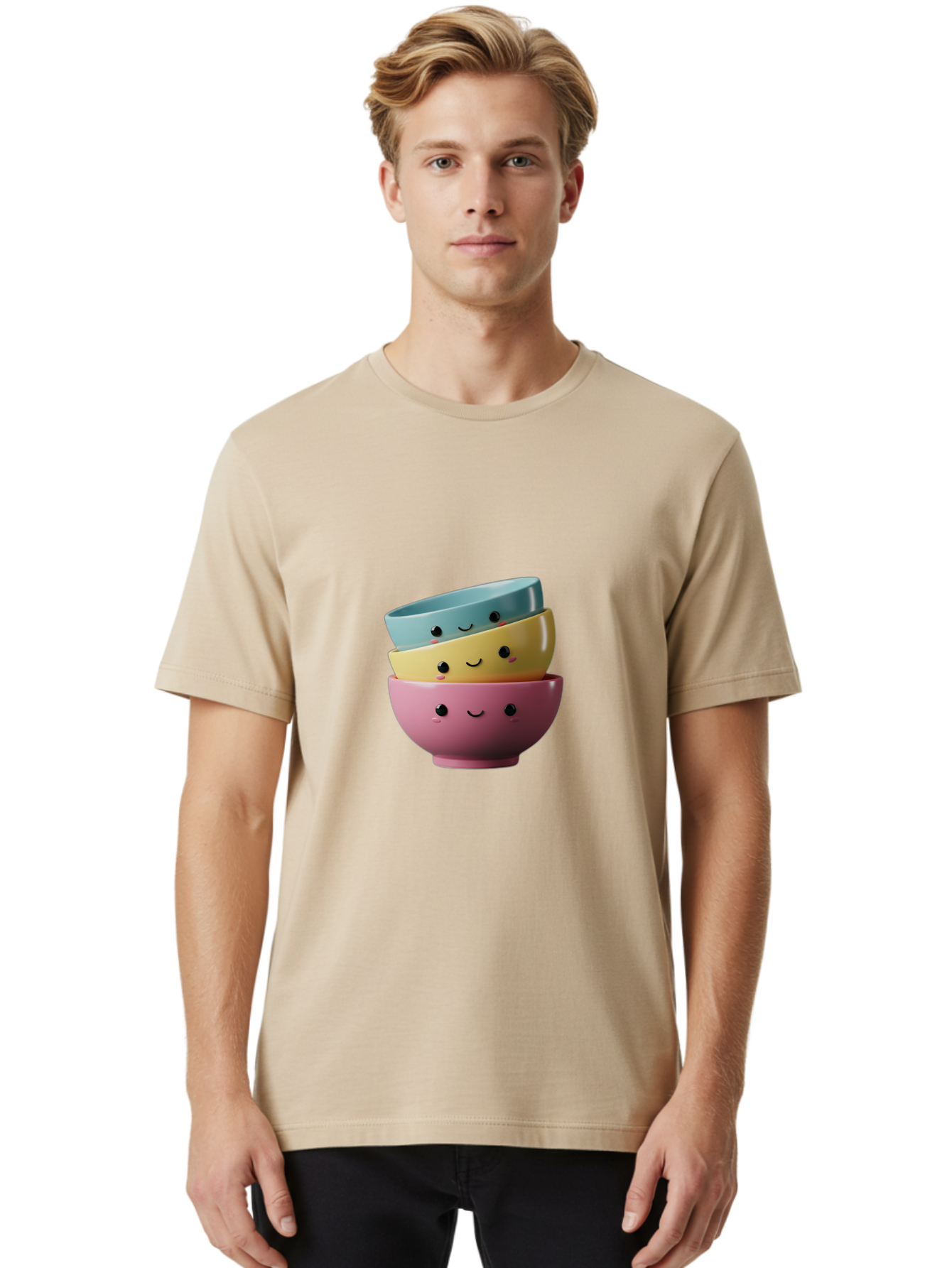 Smiley-Bowls-1 Men'S Graphic Tee, 100% Cotton, Comfortable Casual Summer Wear, Machine Washable, Stacked Bowls, Colorful Kitchenware, Smiling Faces, Cute Ceramics, Pastel Colors, Adorable Design, Happy Kitchen, Playful Tableware Bab401