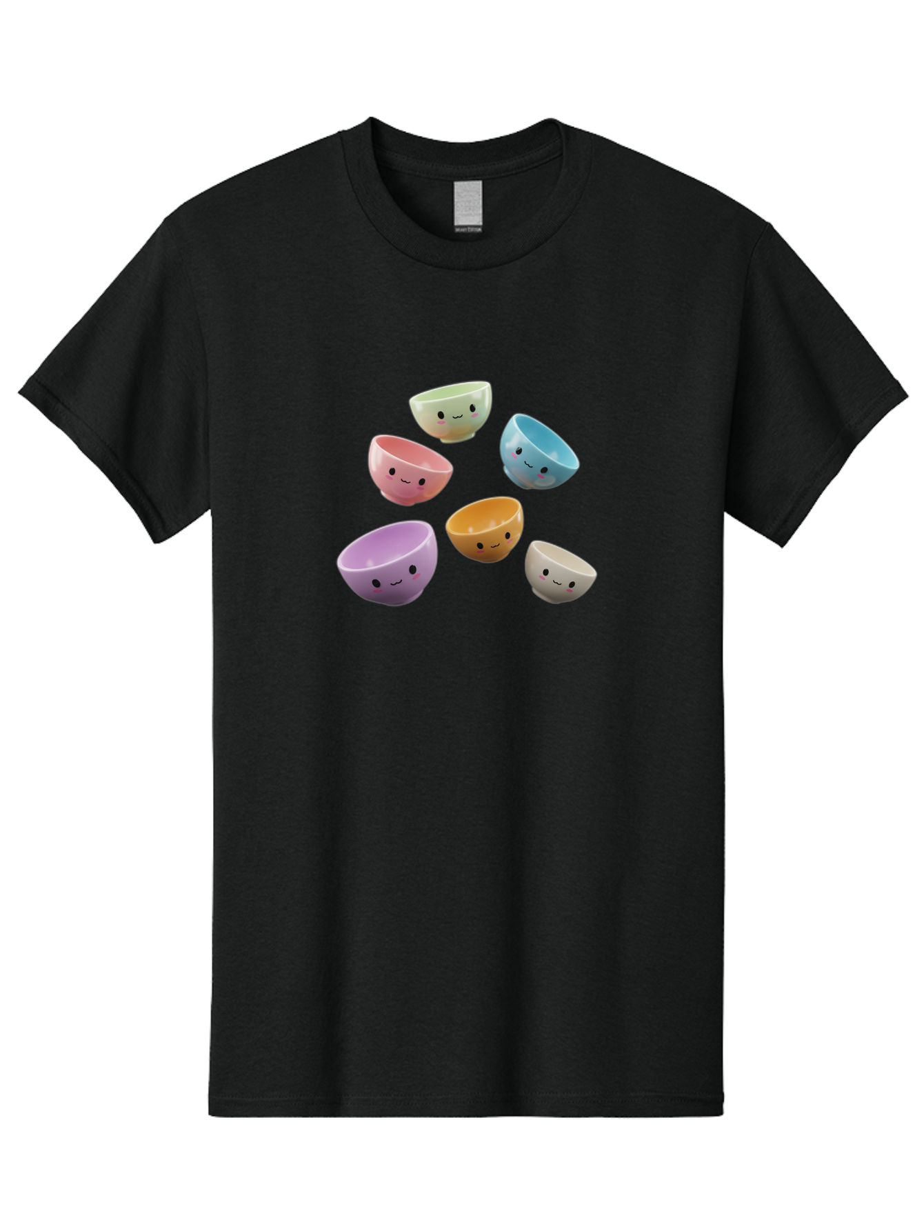 Smiley-Bowls-2 Men'S Graphic Tee, 100% Cotton, Comfortable Casual Summer Wear, Machine Washable, Pastel-Colored Bowls, Cute Faces, Smiling Bowls, Kawaii, Adorable Kitchenware, Colorful Tableware, Whimsical Design, Happy Faces, Ceramic Bowls Bab402