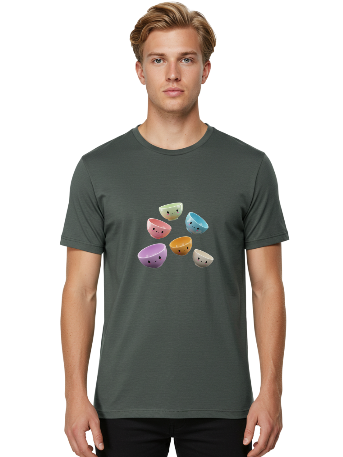 Smiley-Bowls-2 Men'S Graphic Tee, 100% Cotton, Comfortable Casual Summer Wear, Machine Washable, Pastel-Colored Bowls, Cute Faces, Smiling Bowls, Kawaii, Adorable Kitchenware, Colorful Tableware, Whimsical Design, Happy Faces, Ceramic Bowls Bab402