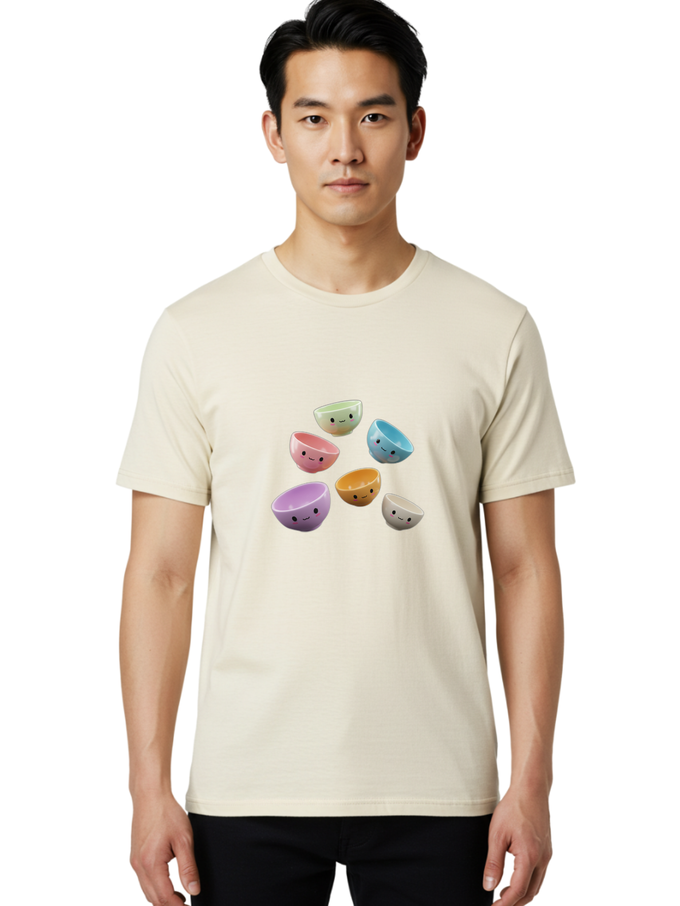 Smiley-Bowls-2 Men'S Graphic Tee, 100% Cotton, Comfortable Casual Summer Wear, Machine Washable, Pastel-Colored Bowls, Cute Faces, Smiling Bowls, Kawaii, Adorable Kitchenware, Colorful Tableware, Whimsical Design, Happy Faces, Ceramic Bowls Bab402
