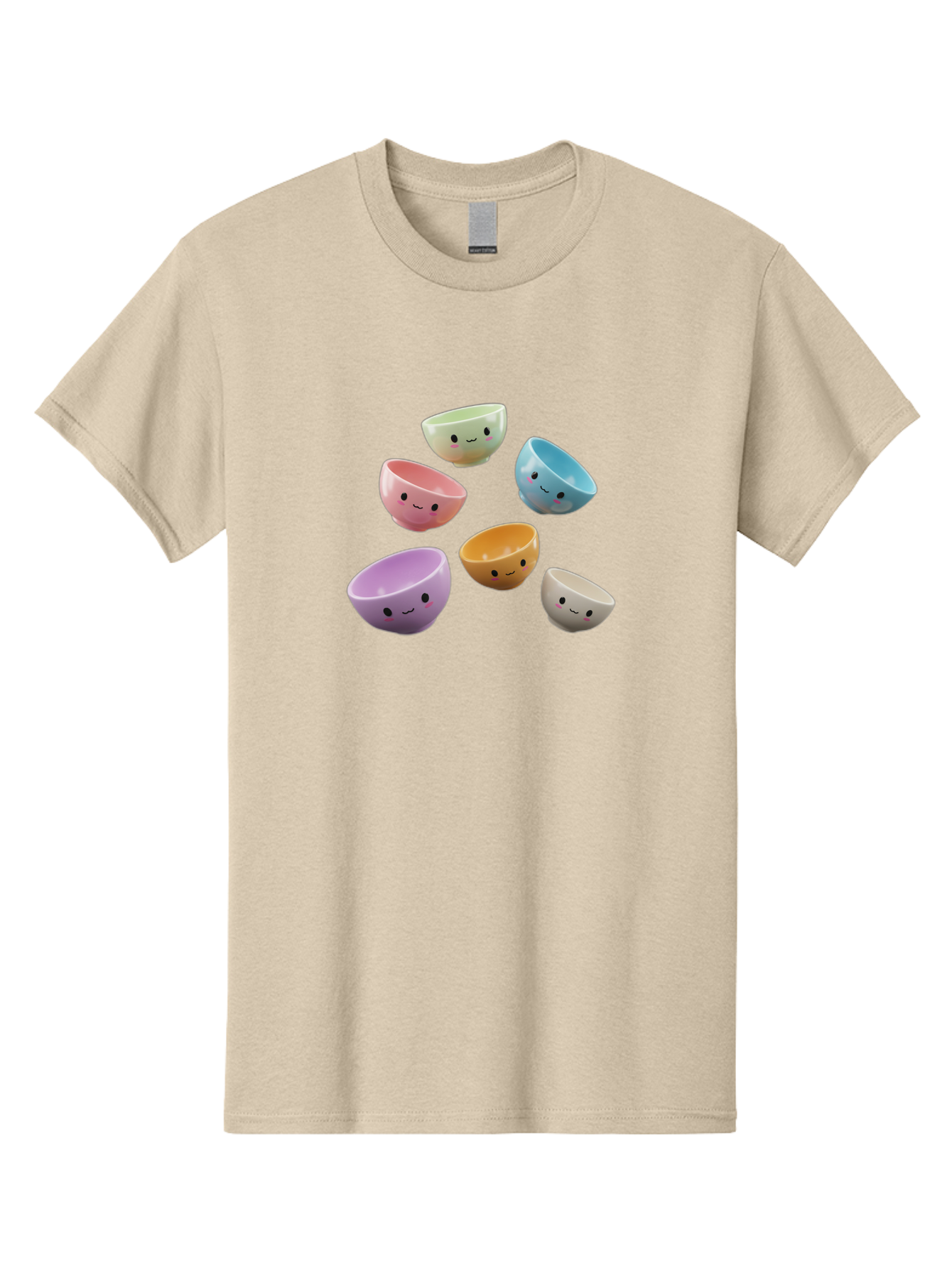 Smiley-Bowls-2 Men'S Graphic Tee, 100% Cotton, Comfortable Casual Summer Wear, Machine Washable, Pastel-Colored Bowls, Cute Faces, Smiling Bowls, Kawaii, Adorable Kitchenware, Colorful Tableware, Whimsical Design, Happy Faces, Ceramic Bowls Bab402
