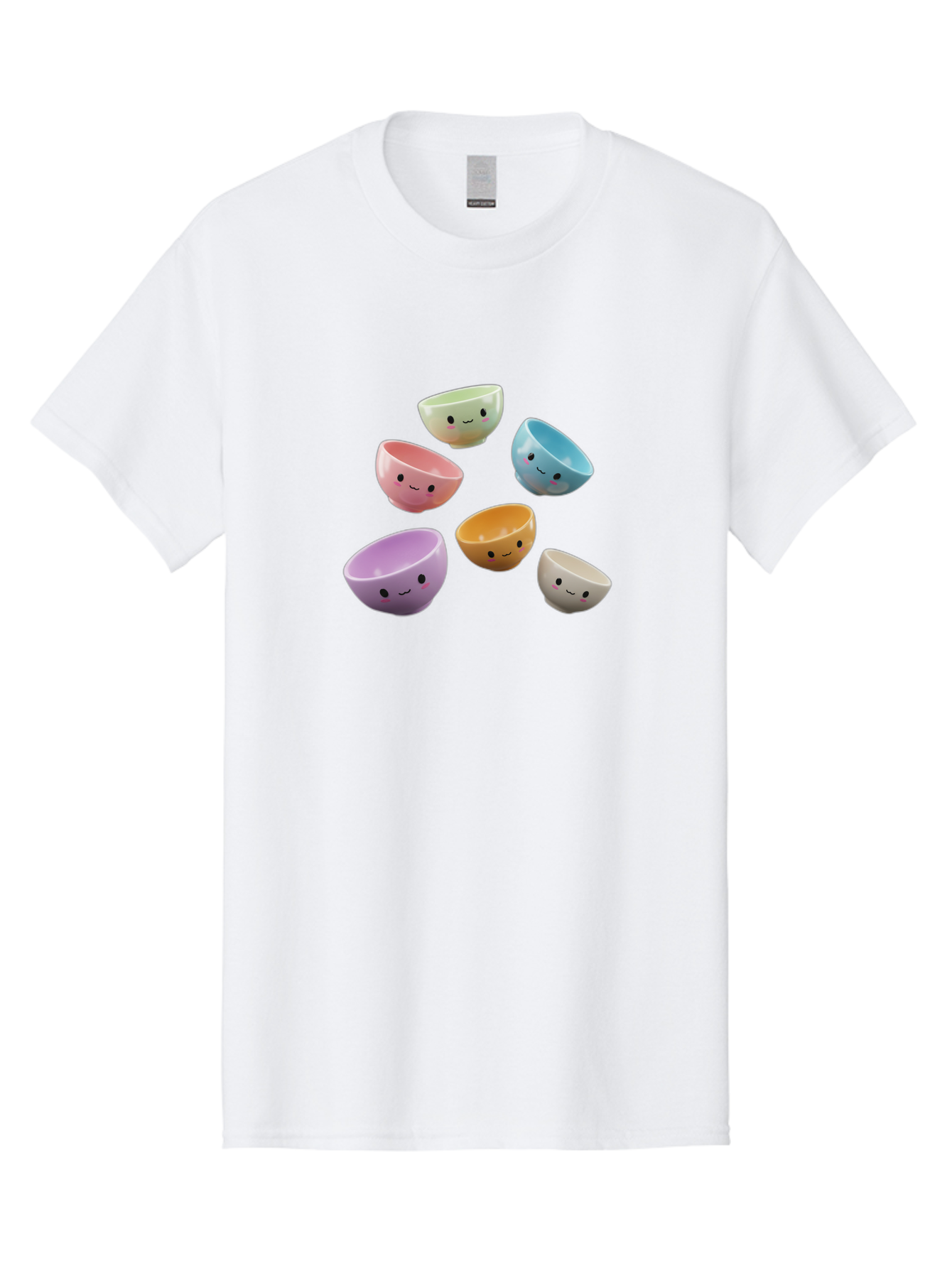 Smiley-Bowls-2 Men'S Graphic Tee, 100% Cotton, Comfortable Casual Summer Wear, Machine Washable, Pastel-Colored Bowls, Cute Faces, Smiling Bowls, Kawaii, Adorable Kitchenware, Colorful Tableware, Whimsical Design, Happy Faces, Ceramic Bowls Bab402
