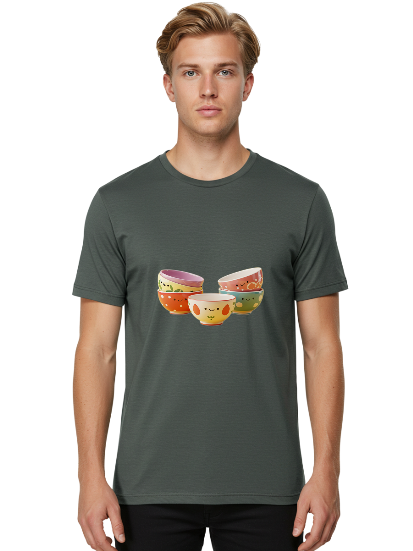 Smiley-Bowls Men'S Graphic Tee, 100% Cotton, Comfortable Casual Summer Wear, Machine Washable, Colorful Bowls, Smiley Faces, Playful Designs, Ceramic Tableware, Kitchen Decor, Happy Vibes, Polka Dots Bab403