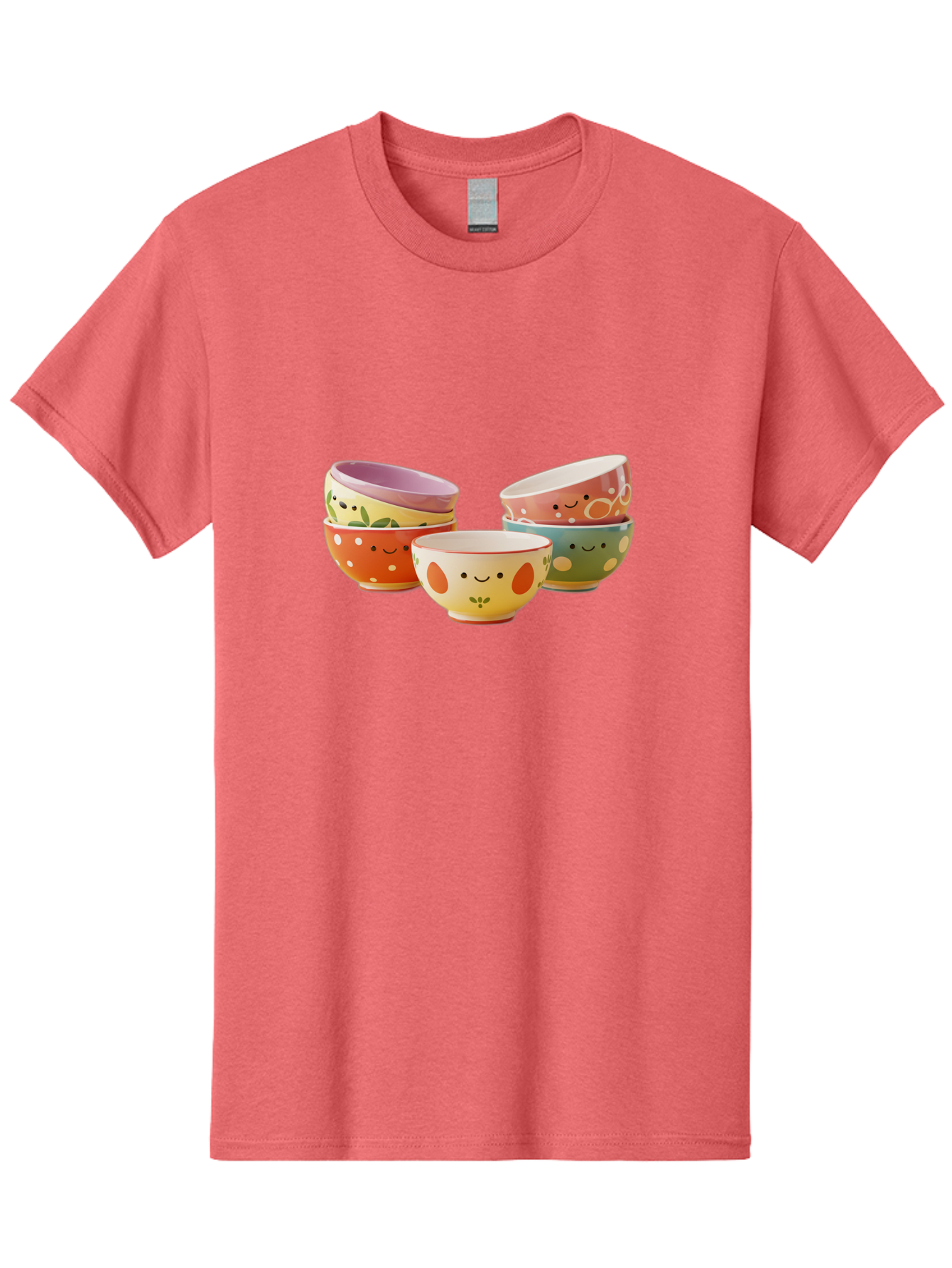 Smiley-Bowls Men'S Graphic Tee, 100% Cotton, Comfortable Casual Summer Wear, Machine Washable, Colorful Bowls, Smiley Faces, Playful Designs, Ceramic Tableware, Kitchen Decor, Happy Vibes, Polka Dots Bab403