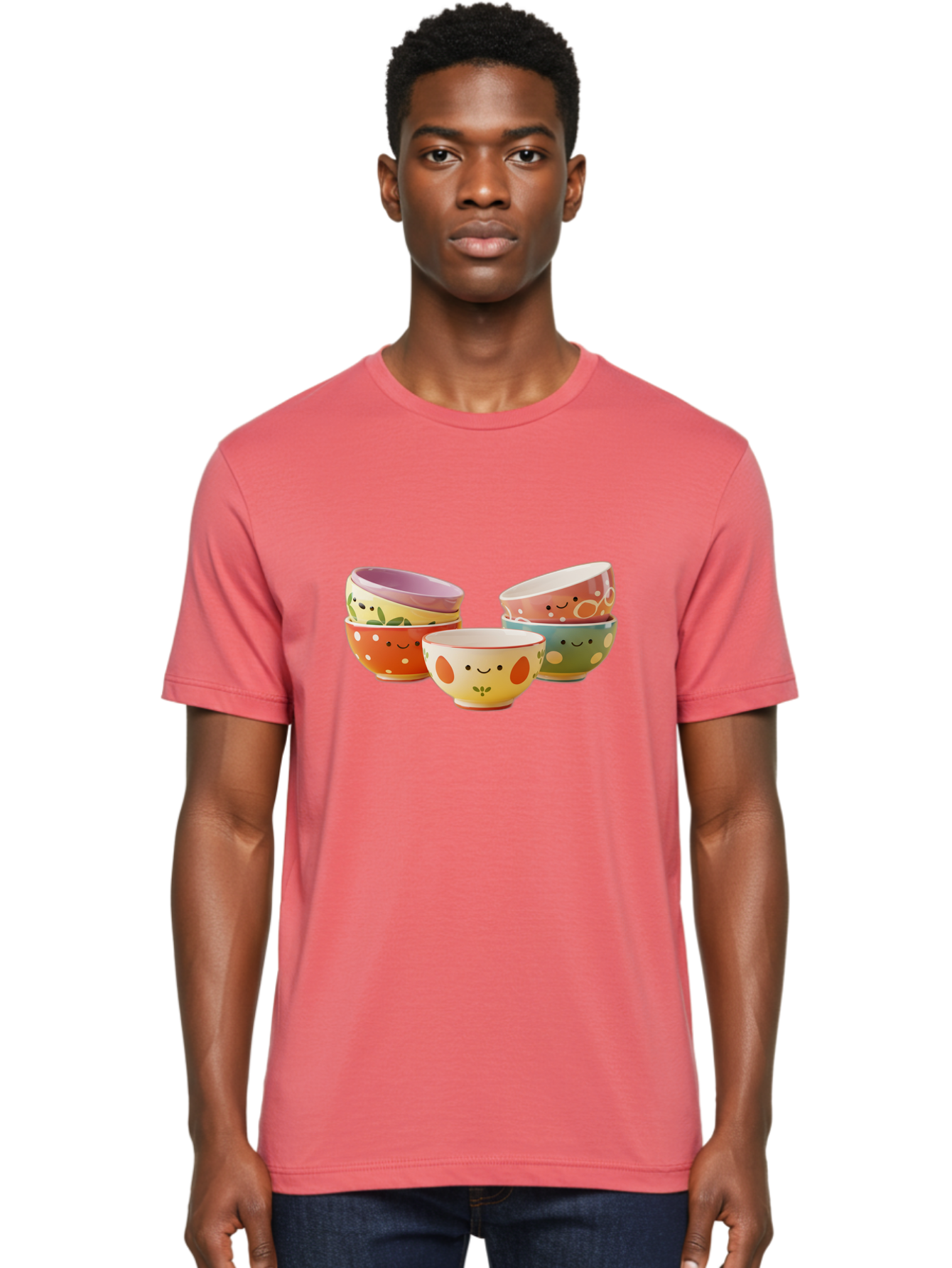 Smiley-Bowls Men'S Graphic Tee, 100% Cotton, Comfortable Casual Summer Wear, Machine Washable, Colorful Bowls, Smiley Faces, Playful Designs, Ceramic Tableware, Kitchen Decor, Happy Vibes, Polka Dots Bab403