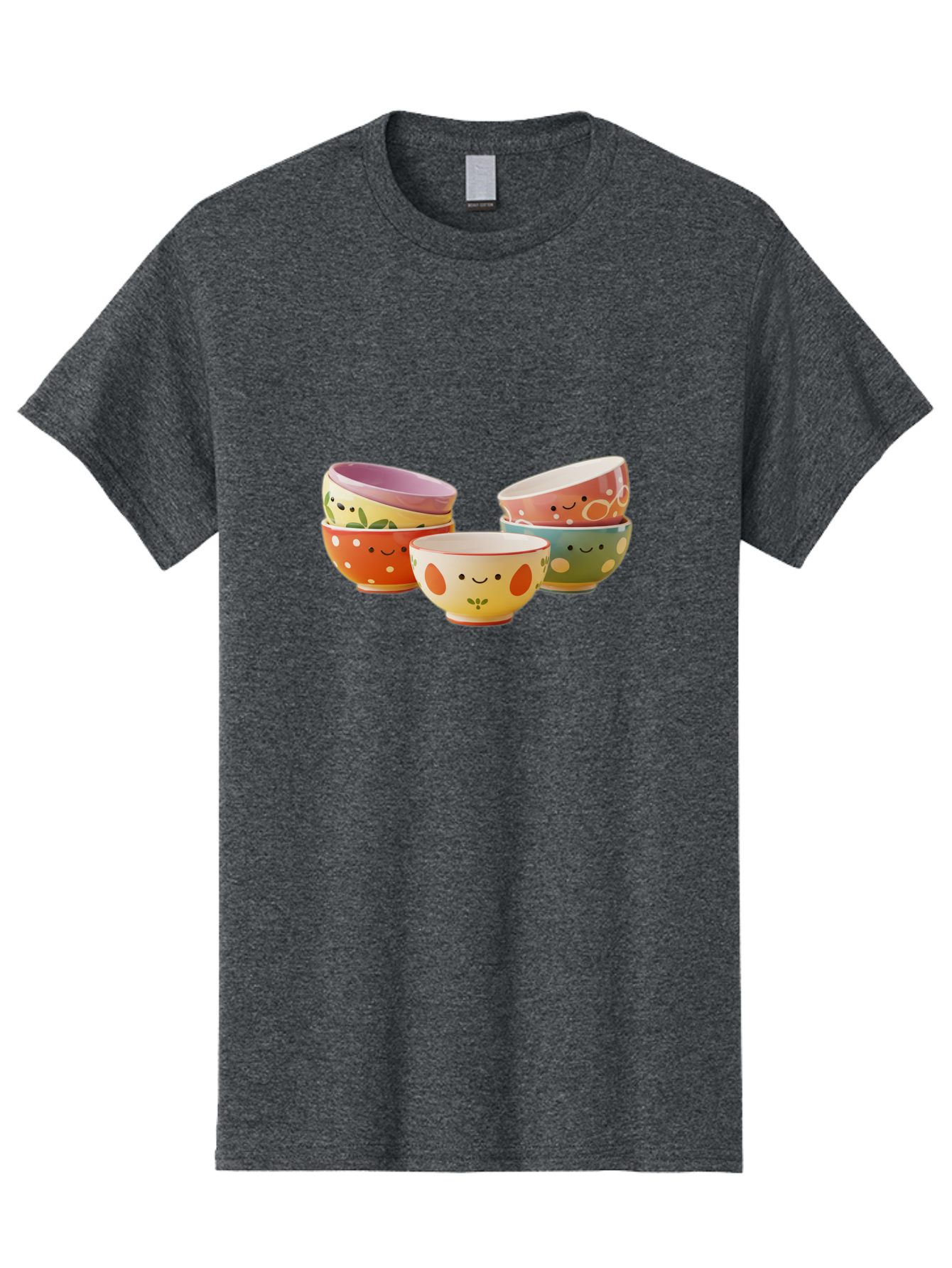 Smiley-Bowls Men'S Graphic Tee, 100% Cotton, Comfortable Casual Summer Wear, Machine Washable, Colorful Bowls, Smiley Faces, Playful Designs, Ceramic Tableware, Kitchen Decor, Happy Vibes, Polka Dots Bab403
