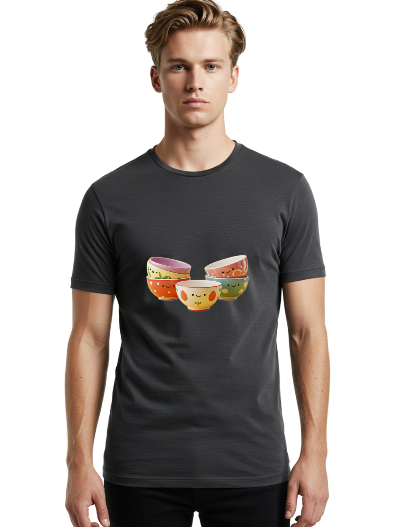Smiley-Bowls Men'S Graphic Tee, 100% Cotton, Comfortable Casual Summer Wear, Machine Washable, Colorful Bowls, Smiley Faces, Playful Designs, Ceramic Tableware, Kitchen Decor, Happy Vibes, Polka Dots Bab403