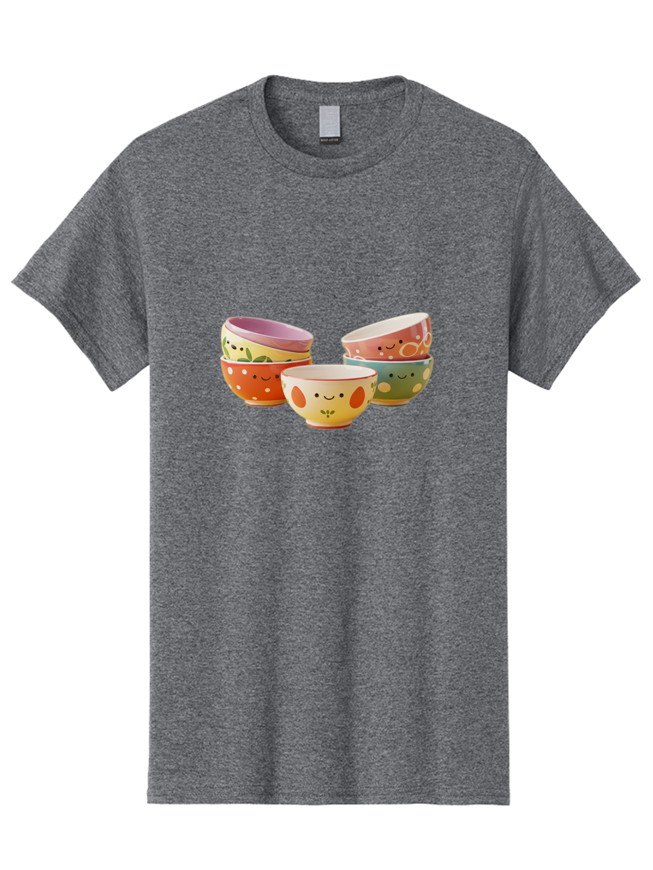 Smiley-Bowls Men'S Graphic Tee, 100% Cotton, Comfortable Casual Summer Wear, Machine Washable, Colorful Bowls, Smiley Faces, Playful Designs, Ceramic Tableware, Kitchen Decor, Happy Vibes, Polka Dots Bab403