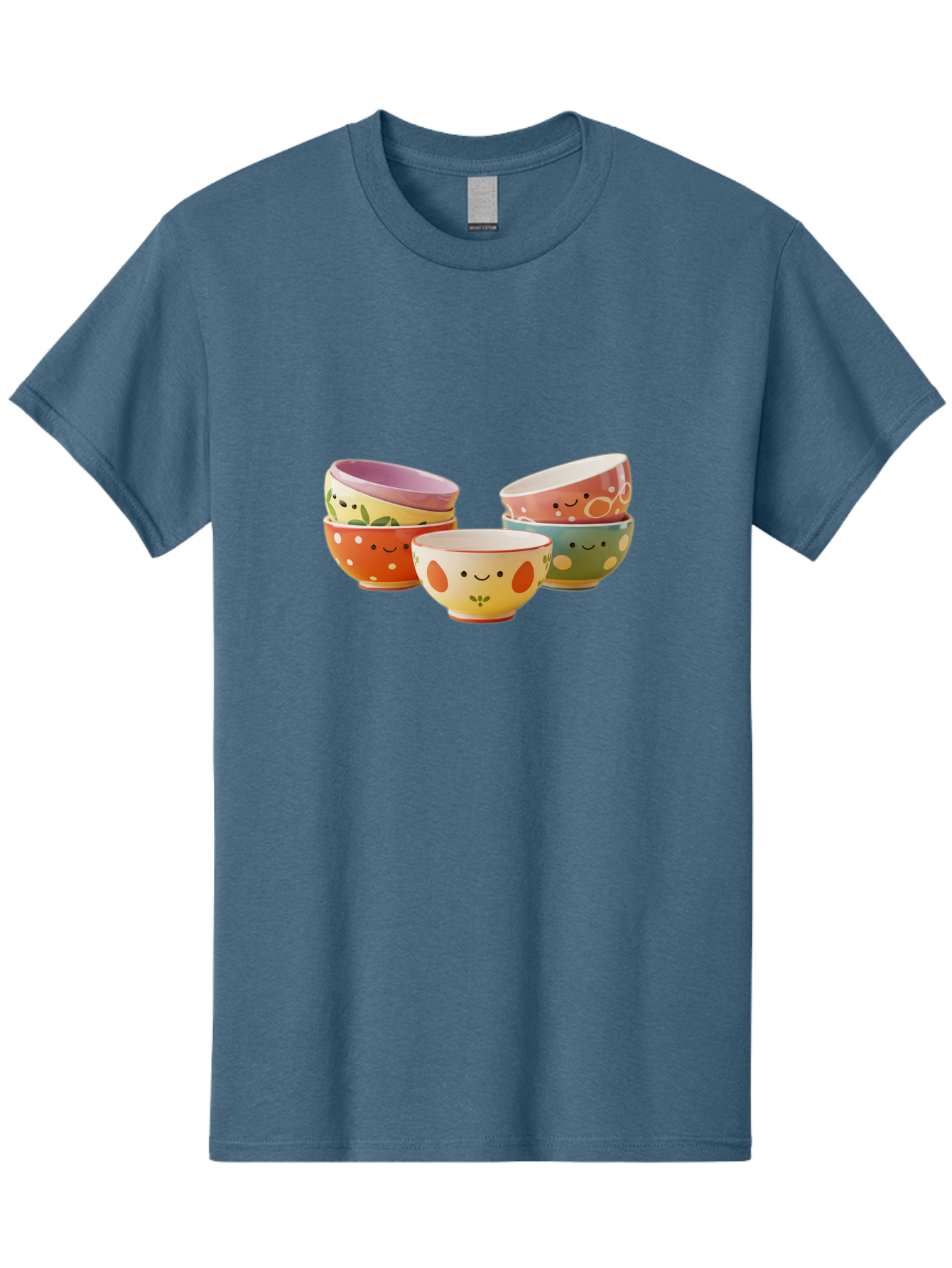 Smiley-Bowls Men'S Graphic Tee, 100% Cotton, Comfortable Casual Summer Wear, Machine Washable, Colorful Bowls, Smiley Faces, Playful Designs, Ceramic Tableware, Kitchen Decor, Happy Vibes, Polka Dots Bab403