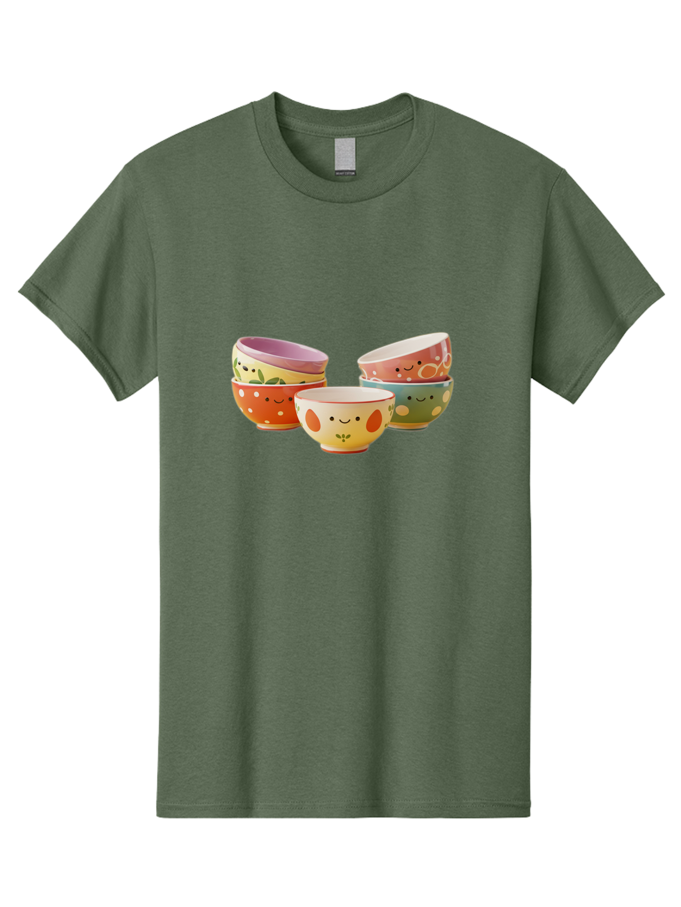 Smiley-Bowls Men'S Graphic Tee, 100% Cotton, Comfortable Casual Summer Wear, Machine Washable, Colorful Bowls, Smiley Faces, Playful Designs, Ceramic Tableware, Kitchen Decor, Happy Vibes, Polka Dots Bab403