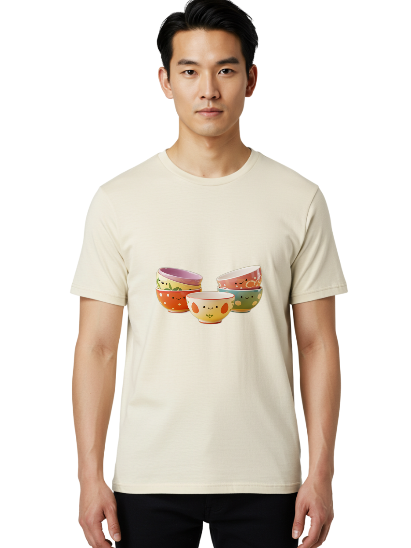 Smiley-Bowls Men'S Graphic Tee, 100% Cotton, Comfortable Casual Summer Wear, Machine Washable, Colorful Bowls, Smiley Faces, Playful Designs, Ceramic Tableware, Kitchen Decor, Happy Vibes, Polka Dots Bab403