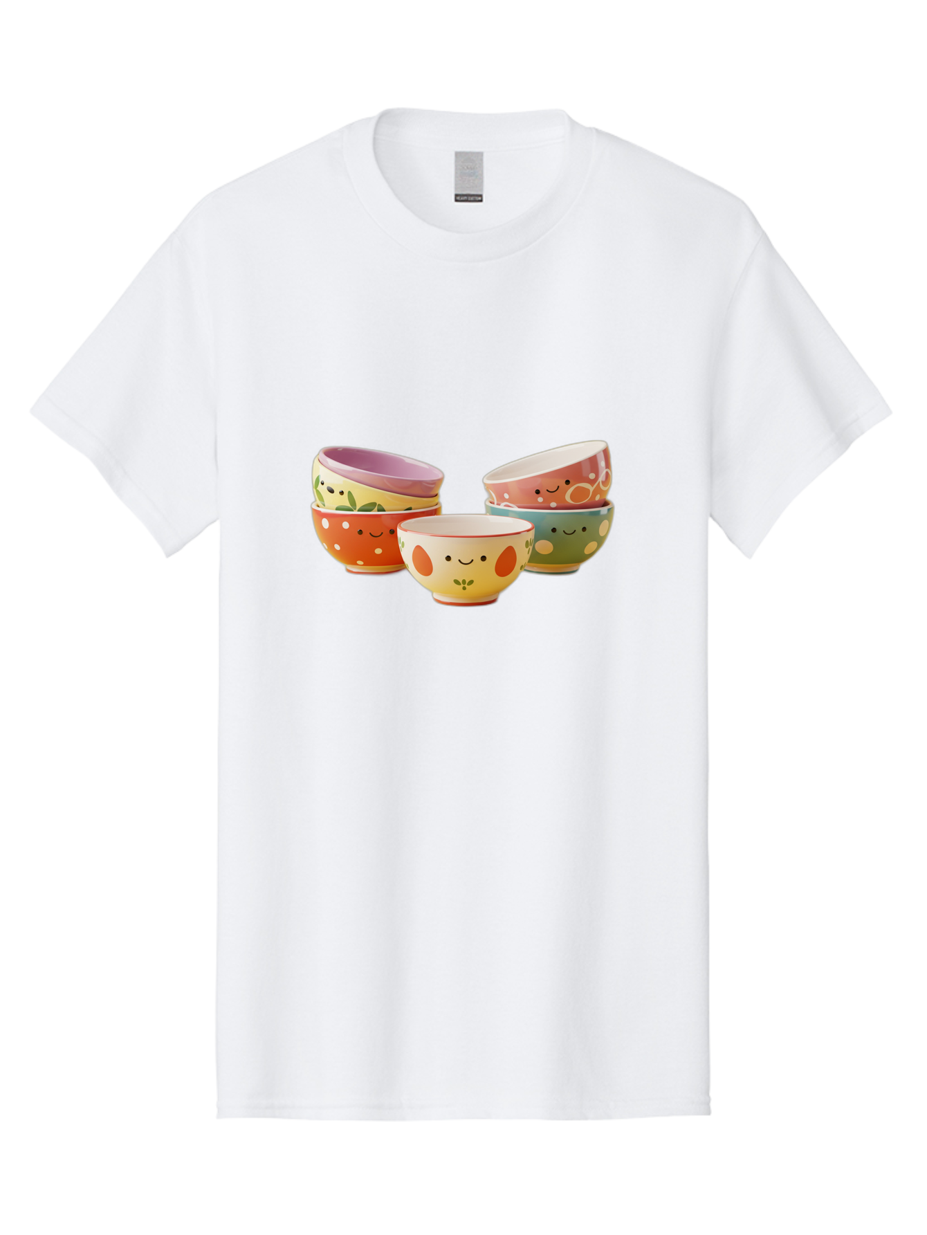 Smiley-Bowls Men'S Graphic Tee, 100% Cotton, Comfortable Casual Summer Wear, Machine Washable, Colorful Bowls, Smiley Faces, Playful Designs, Ceramic Tableware, Kitchen Decor, Happy Vibes, Polka Dots Bab403