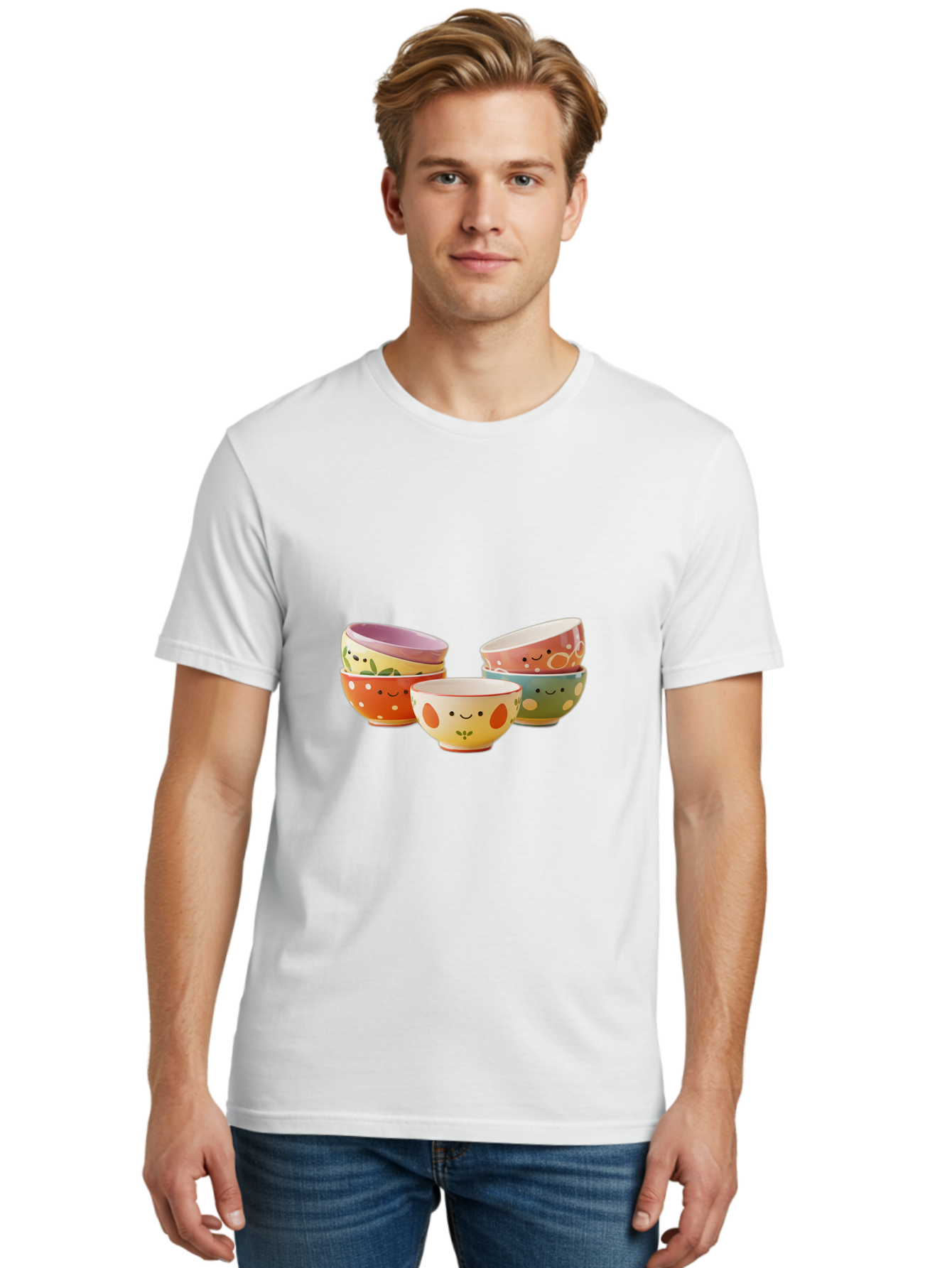 Smiley-Bowls Men'S Graphic Tee, 100% Cotton, Comfortable Casual Summer Wear, Machine Washable, Colorful Bowls, Smiley Faces, Playful Designs, Ceramic Tableware, Kitchen Decor, Happy Vibes, Polka Dots Bab403