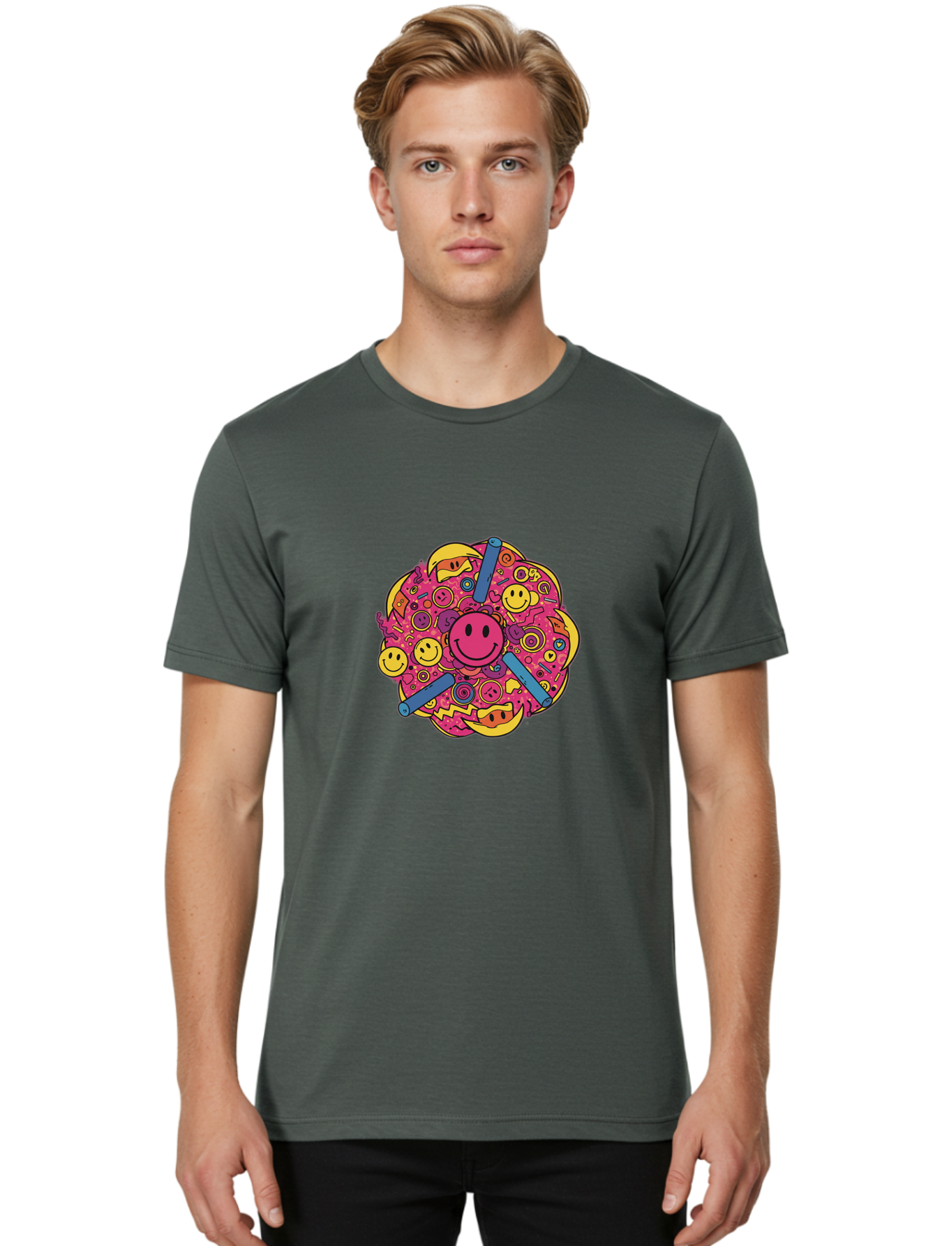 Smiley-Face-Collage Men'S Graphic Tee, 100% Cotton, Comfortable Casual Summer Wear, Machine Washable, Happy Face, Smiling Symbols, Retro Pop Art, Vibrant Illustrations, Playful Design, Colorful Graphics, Fun Emojis, Doodle Art, Happy Vibes, Bab404