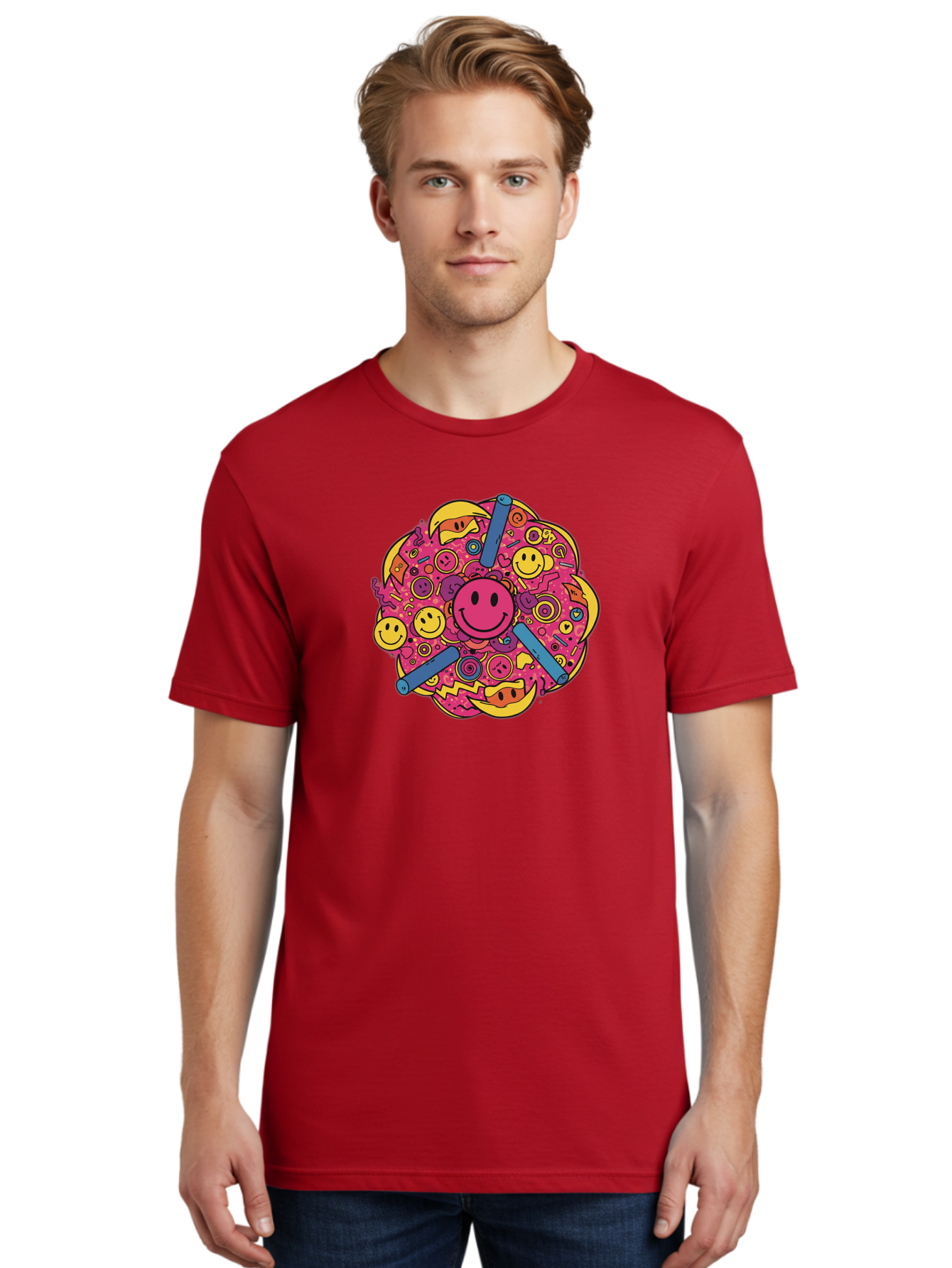 Smiley-Face-Collage Men'S Graphic Tee, 100% Cotton, Comfortable Casual Summer Wear, Machine Washable, Happy Face, Smiling Symbols, Retro Pop Art, Vibrant Illustrations, Playful Design, Colorful Graphics, Fun Emojis, Doodle Art, Happy Vibes, Bab404