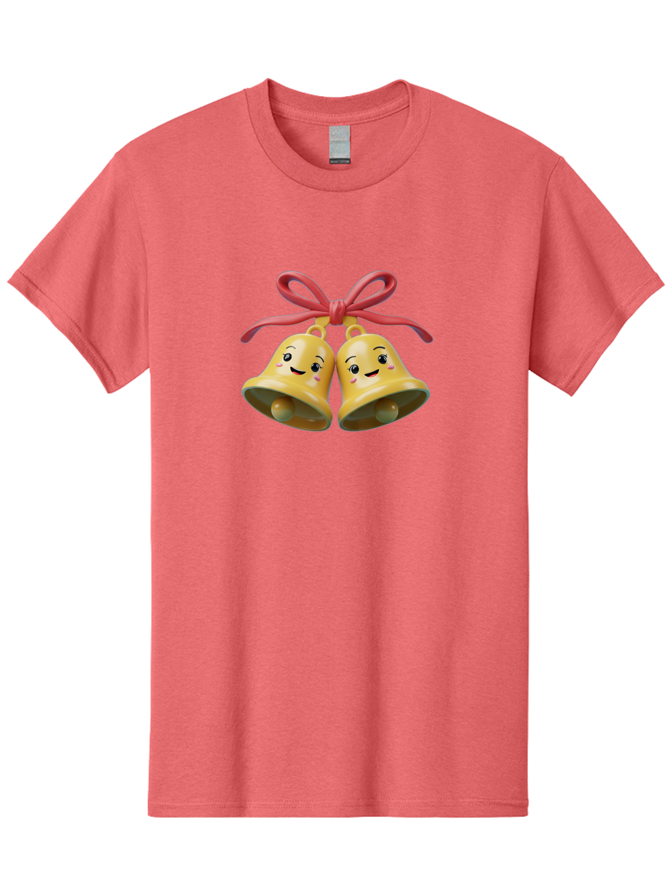 Smiling-Bells Men'S Graphic Tee, 100% Cotton, Comfortable Casual Summer Wear, Machine Washable, Smiling Bells, Cute Cartoon Characters, Festive Decorations, Joyful Atmosphere, Happy Emotions, Shiny Yellow Bells, Red Ribbon, Holiday Cheer, Bab405