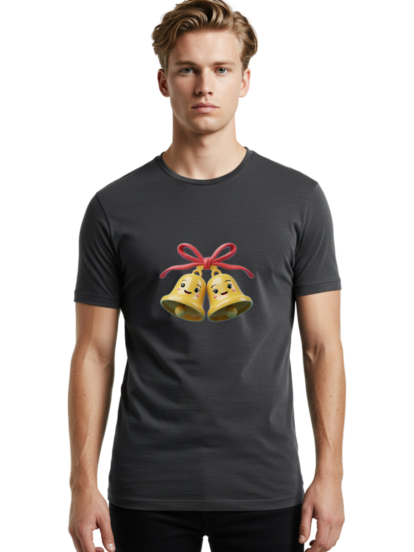 Smiling-Bells Men'S Graphic Tee, 100% Cotton, Comfortable Casual Summer Wear, Machine Washable, Smiling Bells, Cute Cartoon Characters, Festive Decorations, Joyful Atmosphere, Happy Emotions, Shiny Yellow Bells, Red Ribbon, Holiday Cheer, Bab405