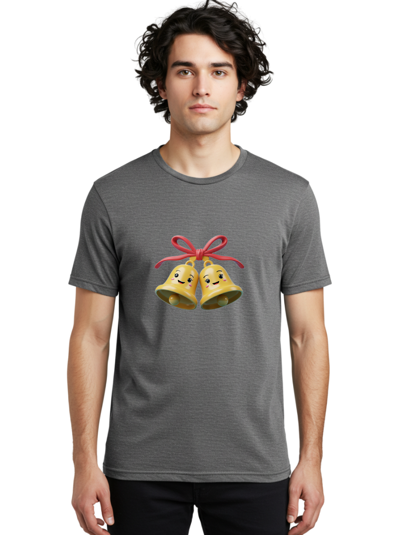 Smiling-Bells Men'S Graphic Tee, 100% Cotton, Comfortable Casual Summer Wear, Machine Washable, Smiling Bells, Cute Cartoon Characters, Festive Decorations, Joyful Atmosphere, Happy Emotions, Shiny Yellow Bells, Red Ribbon, Holiday Cheer, Bab405