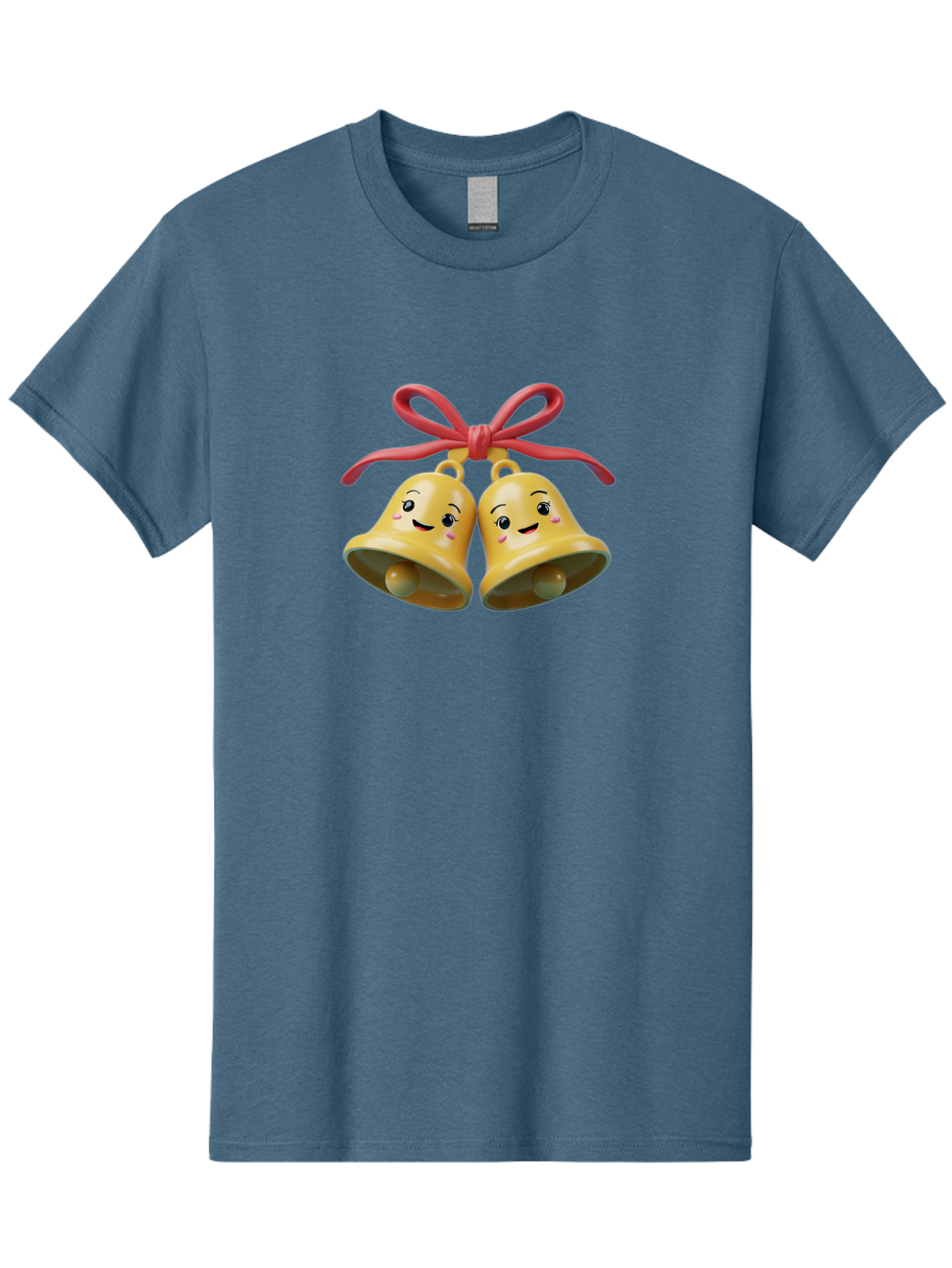 Smiling-Bells Men'S Graphic Tee, 100% Cotton, Comfortable Casual Summer Wear, Machine Washable, Smiling Bells, Cute Cartoon Characters, Festive Decorations, Joyful Atmosphere, Happy Emotions, Shiny Yellow Bells, Red Ribbon, Holiday Cheer, Bab405