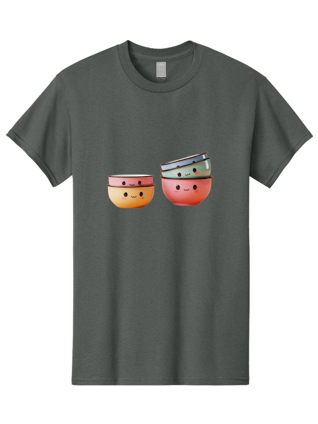 Smiling-Bowls-1 Men'S Graphic Tee, 100% Cotton, Comfortable Casual Summer Wear, Machine Washable, Stacked Mixing Bowls, Cute Kitchenware, Colorful Bowls, Smiling Faces, Kitchen Utensils, Cooking Essentials, Adorable Design, Pastel Colors, Bab406