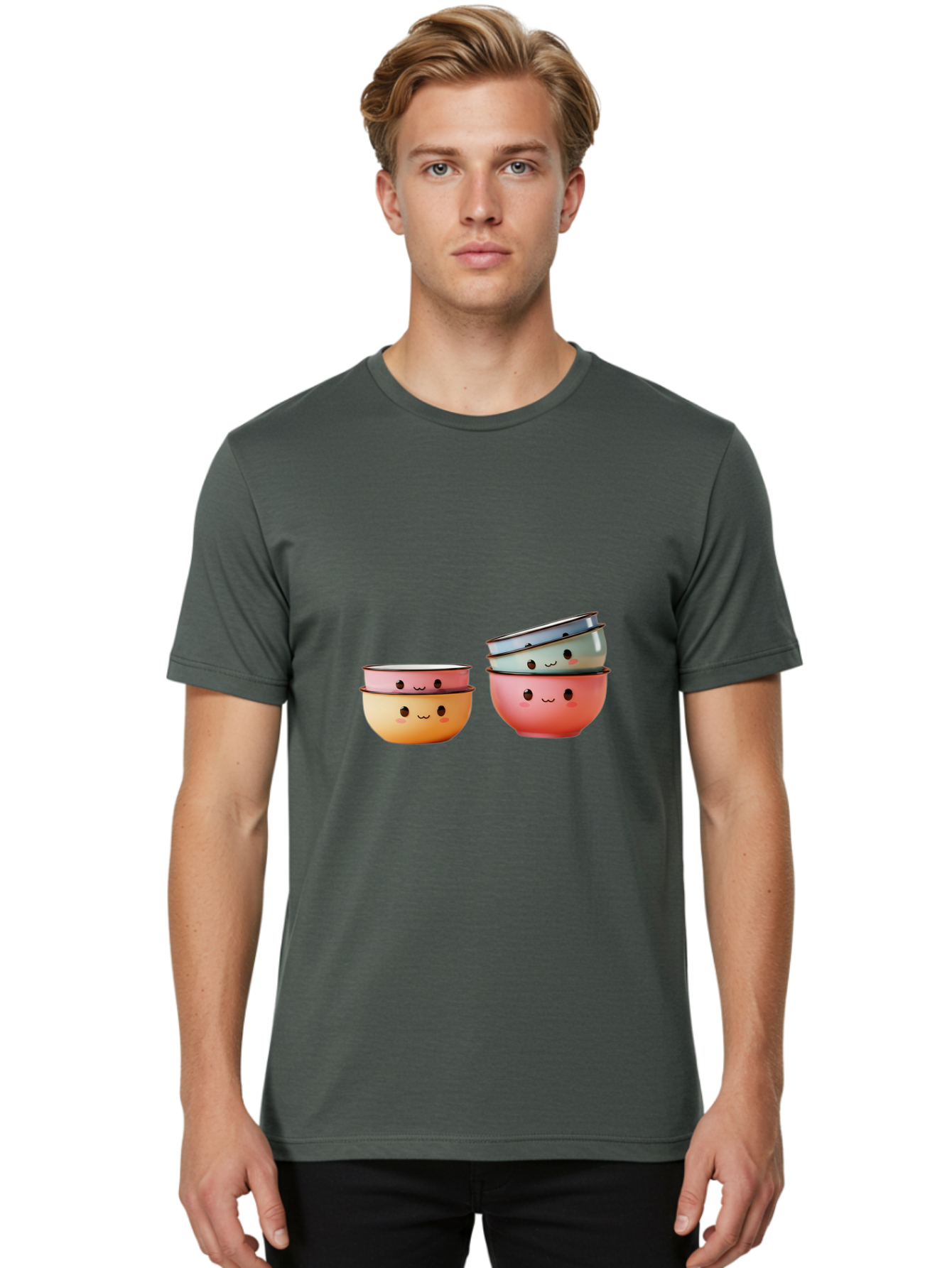 Smiling-Bowls-1 Men'S Graphic Tee, 100% Cotton, Comfortable Casual Summer Wear, Machine Washable, Stacked Mixing Bowls, Cute Kitchenware, Colorful Bowls, Smiling Faces, Kitchen Utensils, Cooking Essentials, Adorable Design, Pastel Colors, Bab406