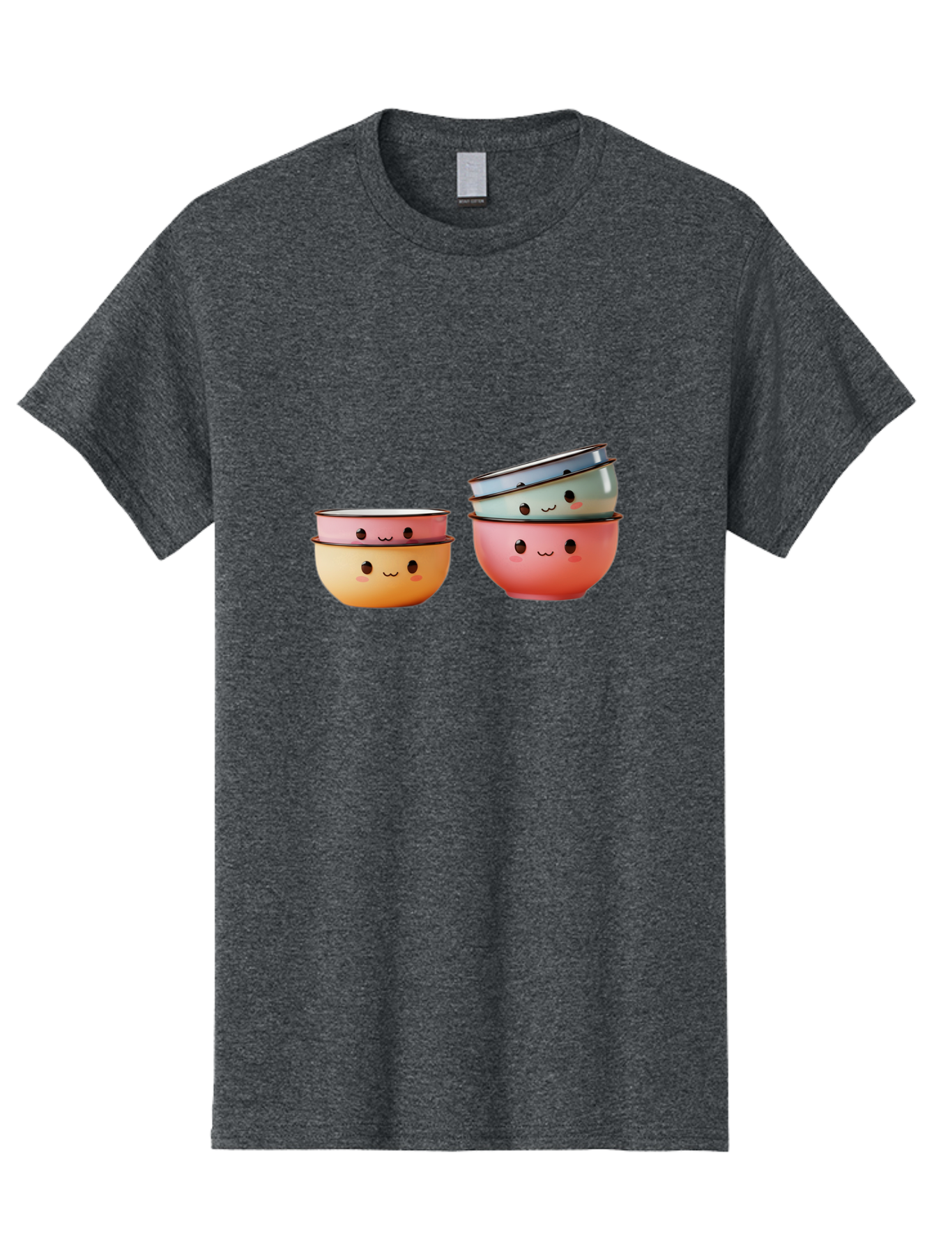 Smiling-Bowls-1 Men'S Graphic Tee, 100% Cotton, Comfortable Casual Summer Wear, Machine Washable, Stacked Mixing Bowls, Cute Kitchenware, Colorful Bowls, Smiling Faces, Kitchen Utensils, Cooking Essentials, Adorable Design, Pastel Colors, Bab406