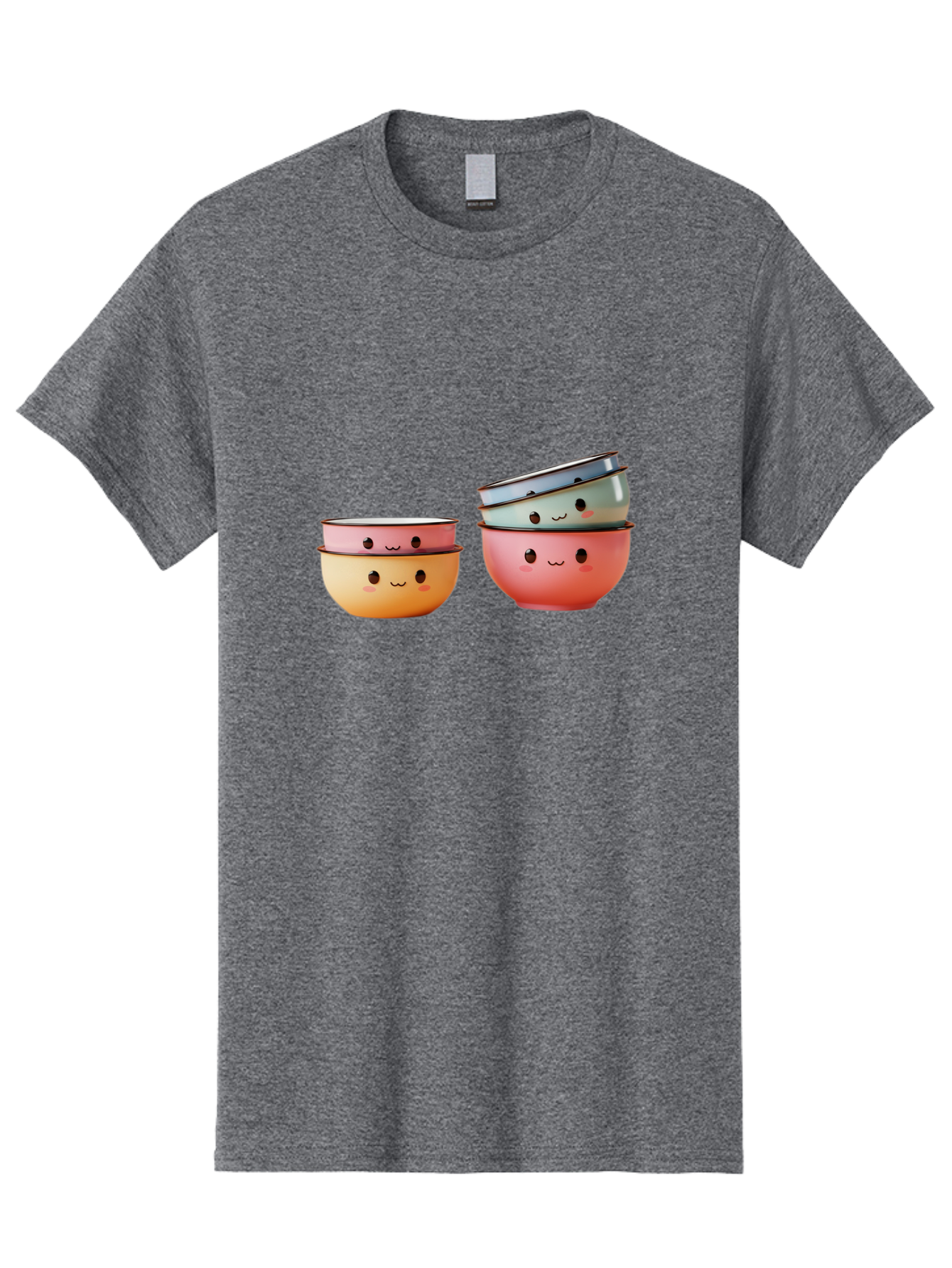 Smiling-Bowls-1 Men'S Graphic Tee, 100% Cotton, Comfortable Casual Summer Wear, Machine Washable, Stacked Mixing Bowls, Cute Kitchenware, Colorful Bowls, Smiling Faces, Kitchen Utensils, Cooking Essentials, Adorable Design, Pastel Colors, Bab406
