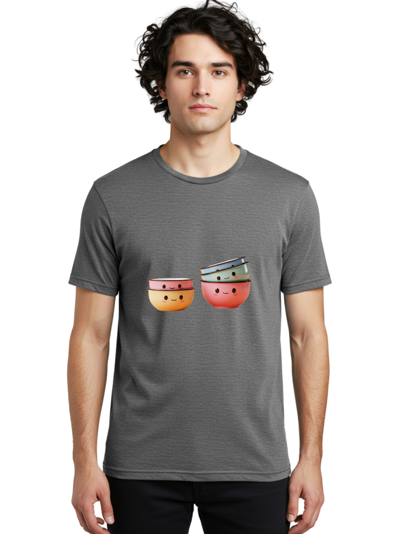 Smiling-Bowls-1 Men'S Graphic Tee, 100% Cotton, Comfortable Casual Summer Wear, Machine Washable, Stacked Mixing Bowls, Cute Kitchenware, Colorful Bowls, Smiling Faces, Kitchen Utensils, Cooking Essentials, Adorable Design, Pastel Colors, Bab406