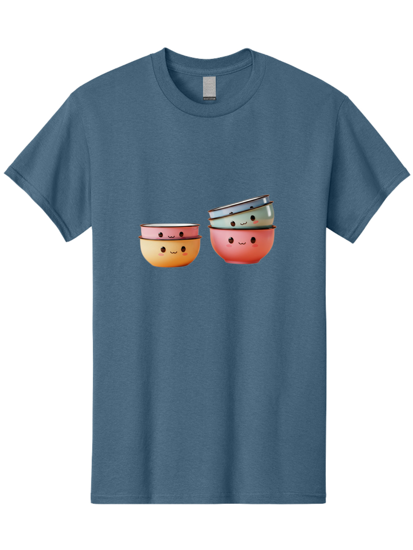 Smiling-Bowls-1 Men'S Graphic Tee, 100% Cotton, Comfortable Casual Summer Wear, Machine Washable, Stacked Mixing Bowls, Cute Kitchenware, Colorful Bowls, Smiling Faces, Kitchen Utensils, Cooking Essentials, Adorable Design, Pastel Colors, Bab406